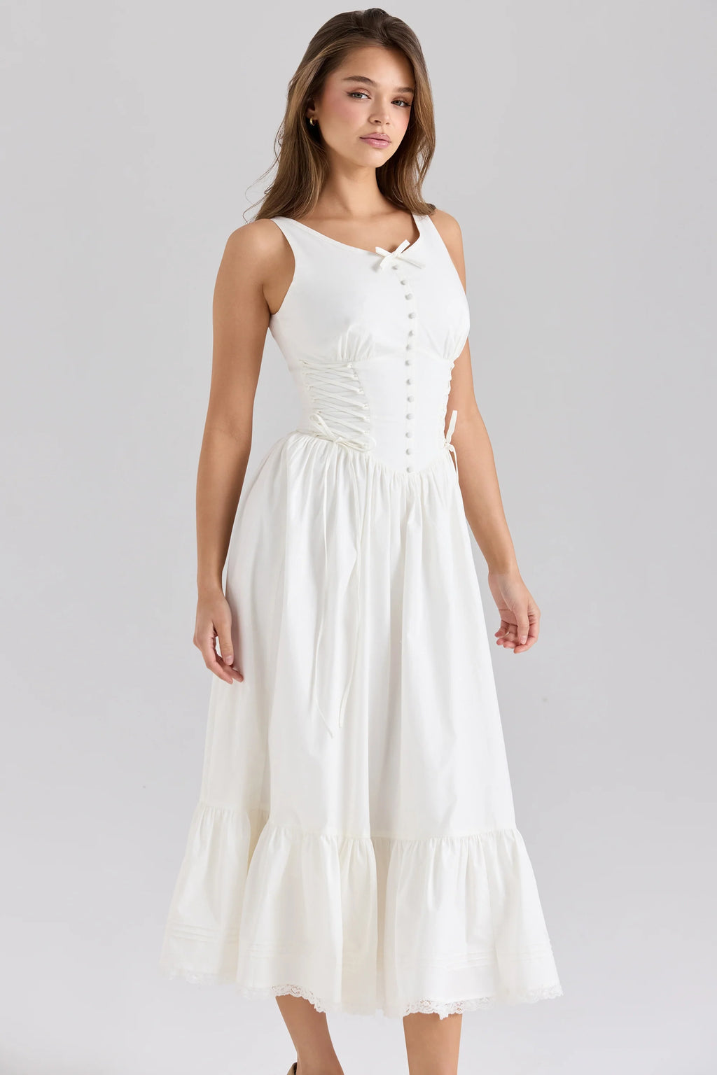 White Stretch Cotton Lace Up Midi Dress
