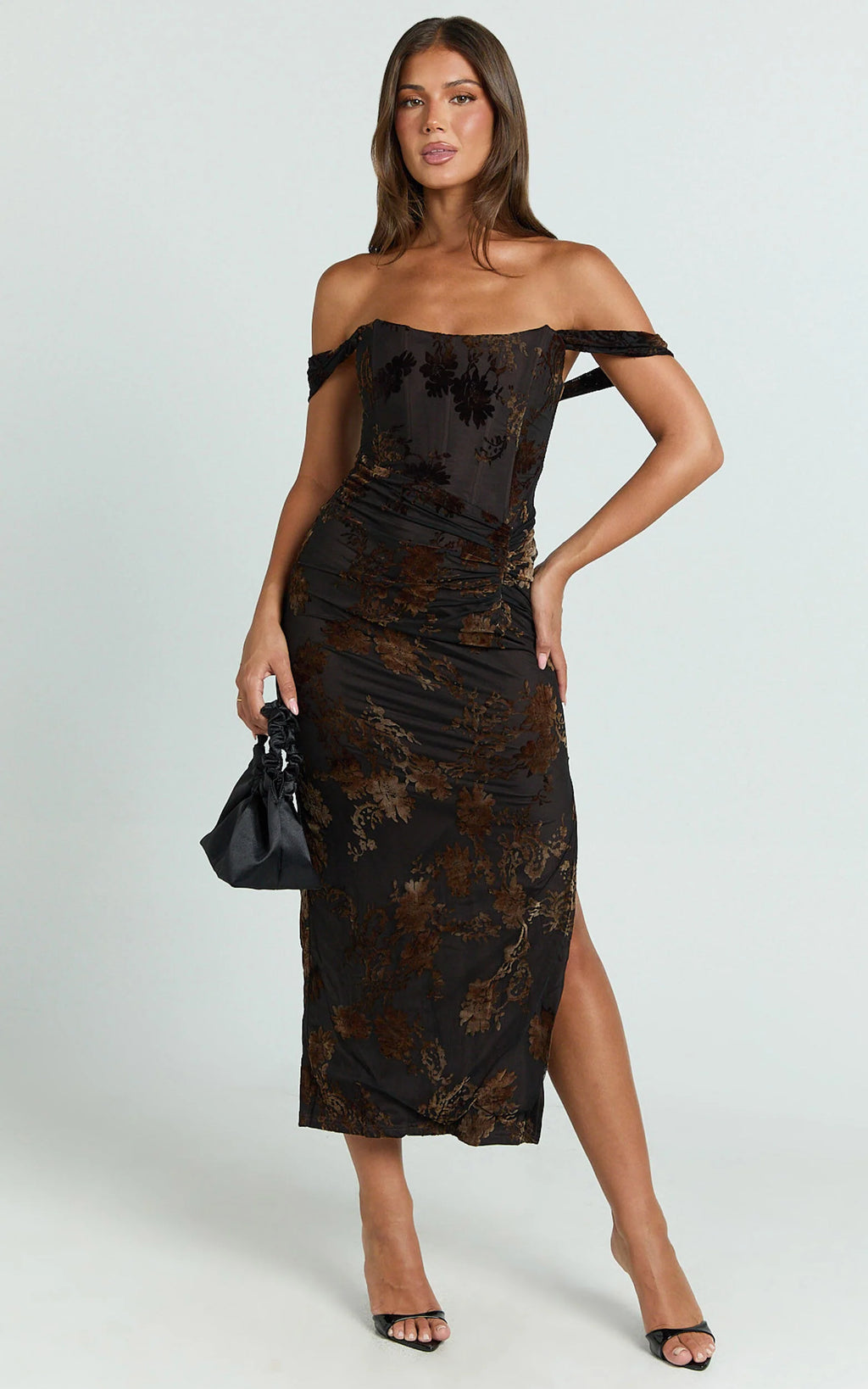 Karlene Midi Dress - Ruched Corset Burnout Dress in Black and Brown