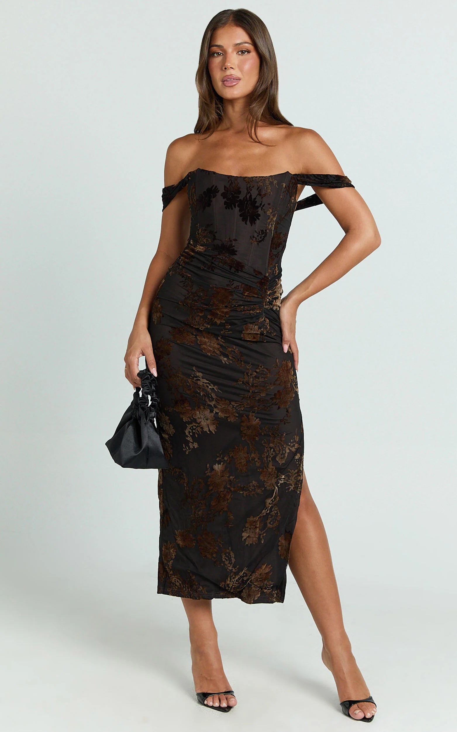 Karlene Midi Dress - Ruched Corset Burnout Dress in Black and Brown