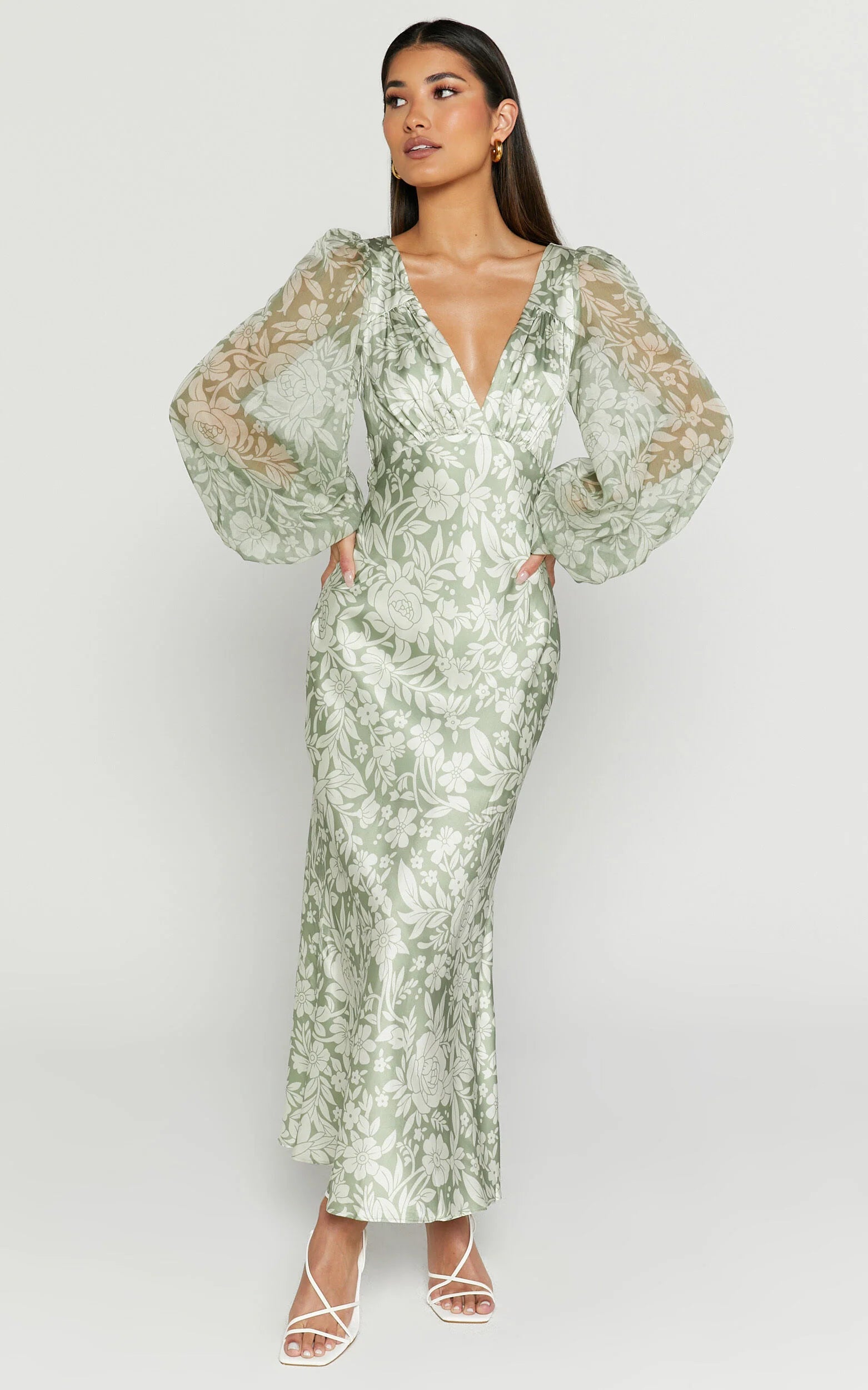 Freollyn Midi Dress - Deep V Neck Long Sleeve Dress in Sage