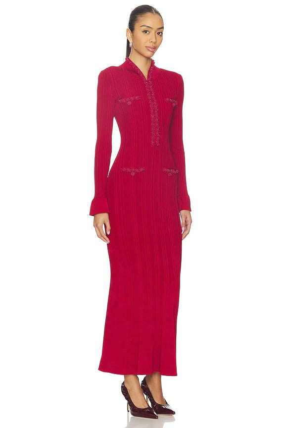 Red Pearl Trim Knit Midi Dress