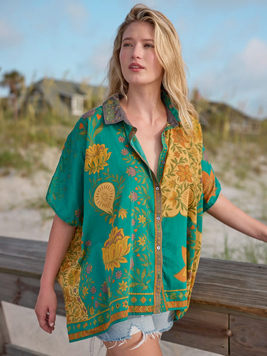 Kelly Oversized Cotton Button Down - Tan Floral Stamp