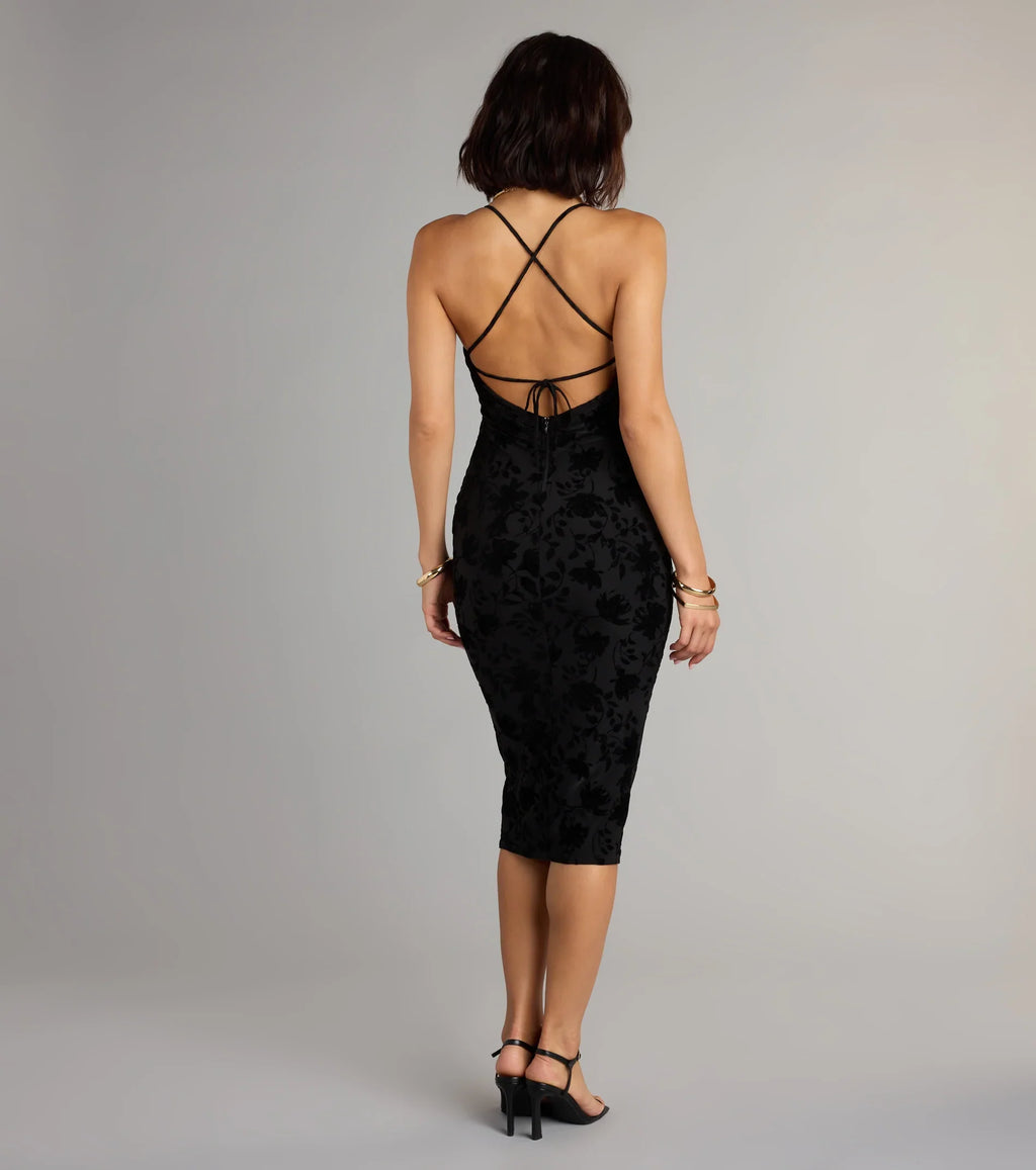 Velvet Allure Floral Burnout Midi Dress