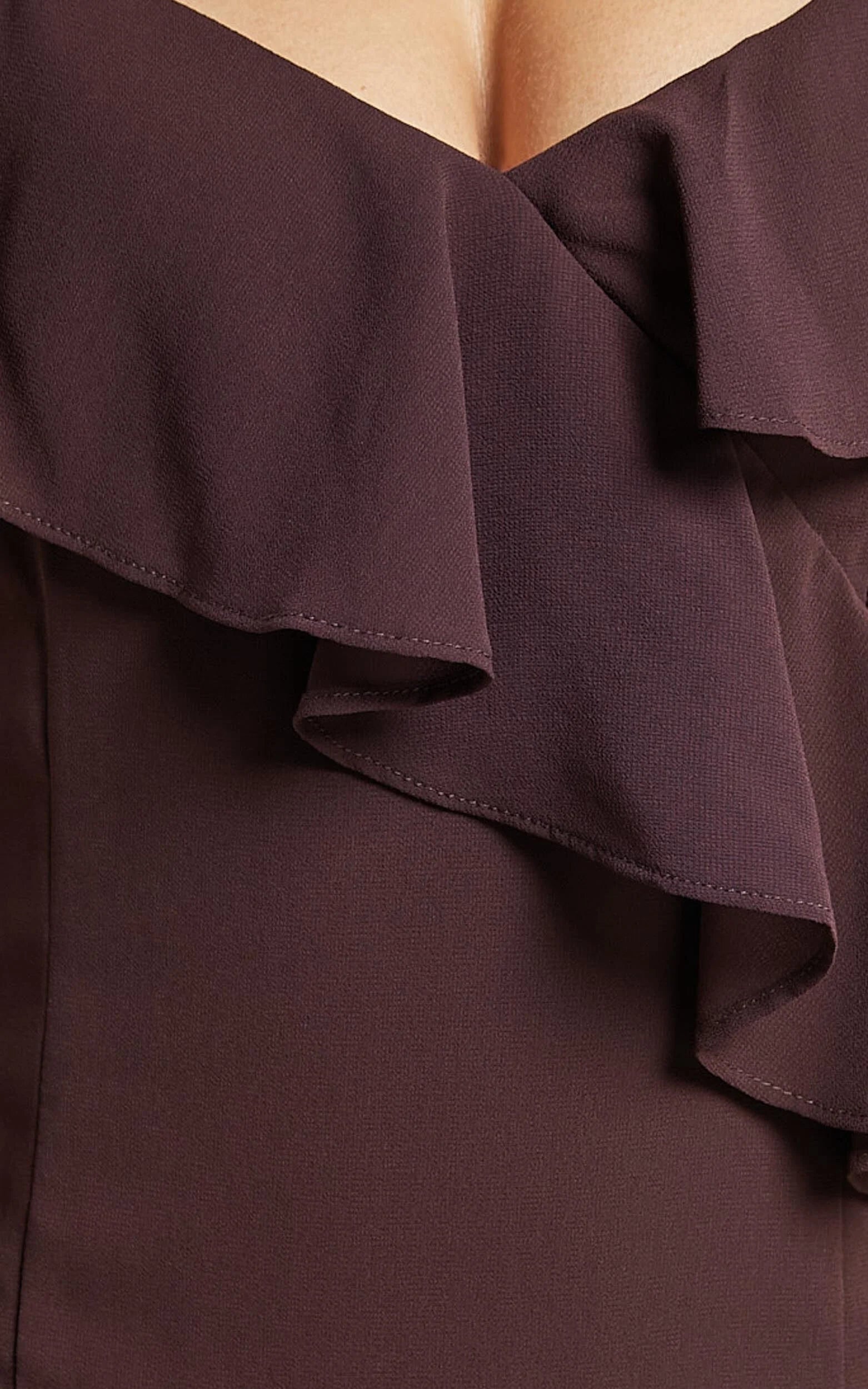 Emily Midi Dress - Strappy Asymmetric Ruffle Dress in Chocolate
