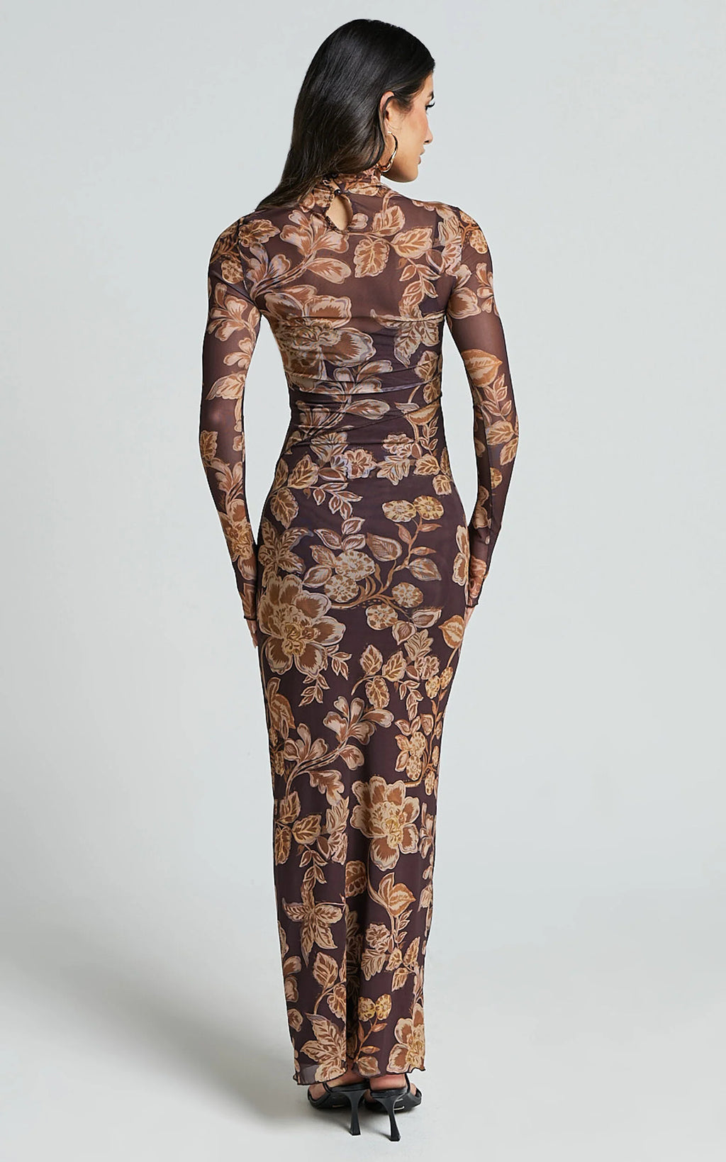 Vivian Midi Dress - High Neck Long Sleeve Mesh Dress in Amber Bloom Print