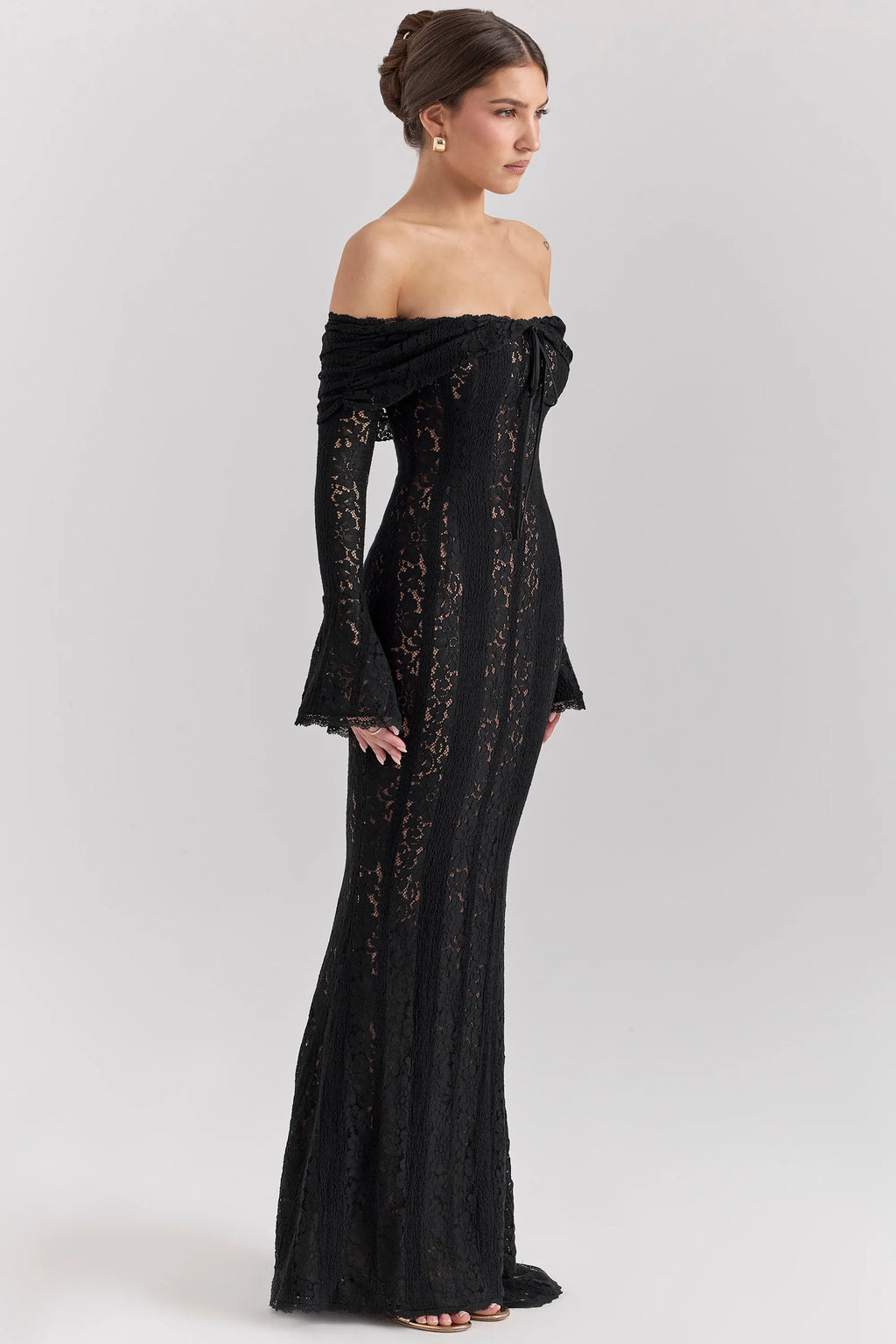Black Off Shoulder Floral Lace Maxi Dress
