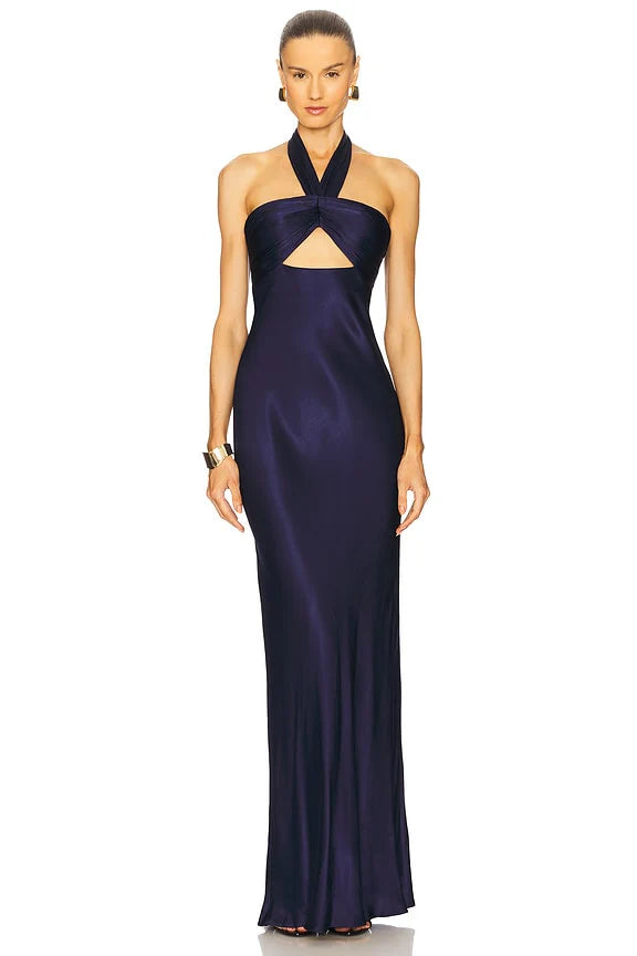 La Lune Ruched Halter Maxi Dress