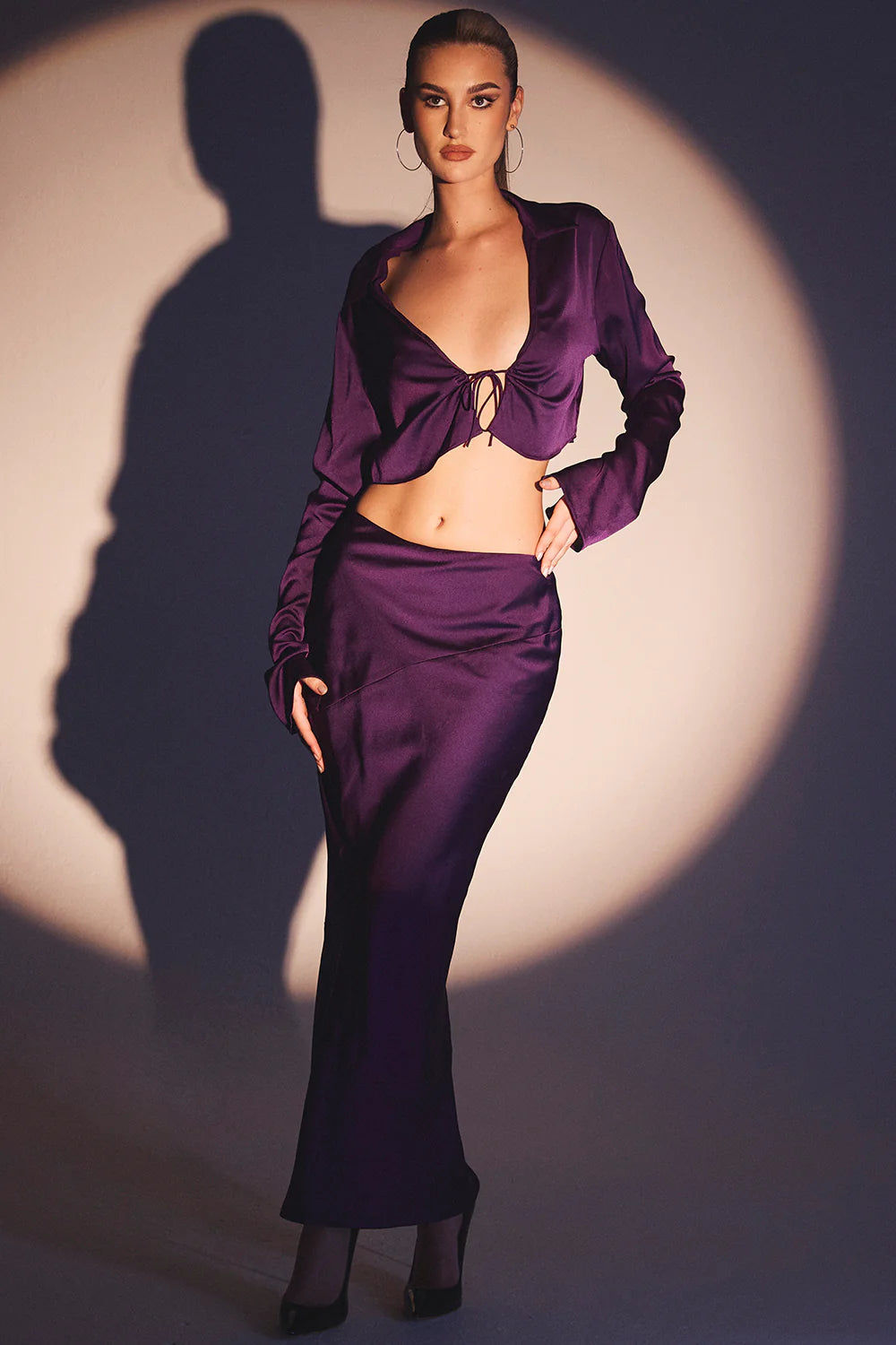 Colette Grape Satin Low Waist Midi Skirt
