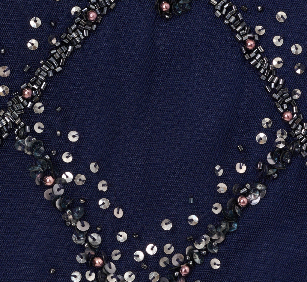 Hand-Beaded Blouson Long Gown With Flutter Sleeves In Light Navy