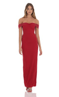 Tulle Off Shoulder Sleeve Maxi Dress in Red