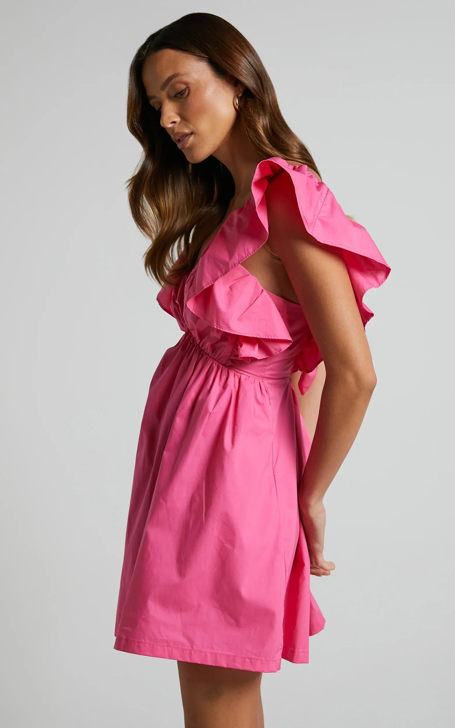 Raiza Mini Dress - Ruffle Sleeve Tie Back Plunge Dress in Fuchsia