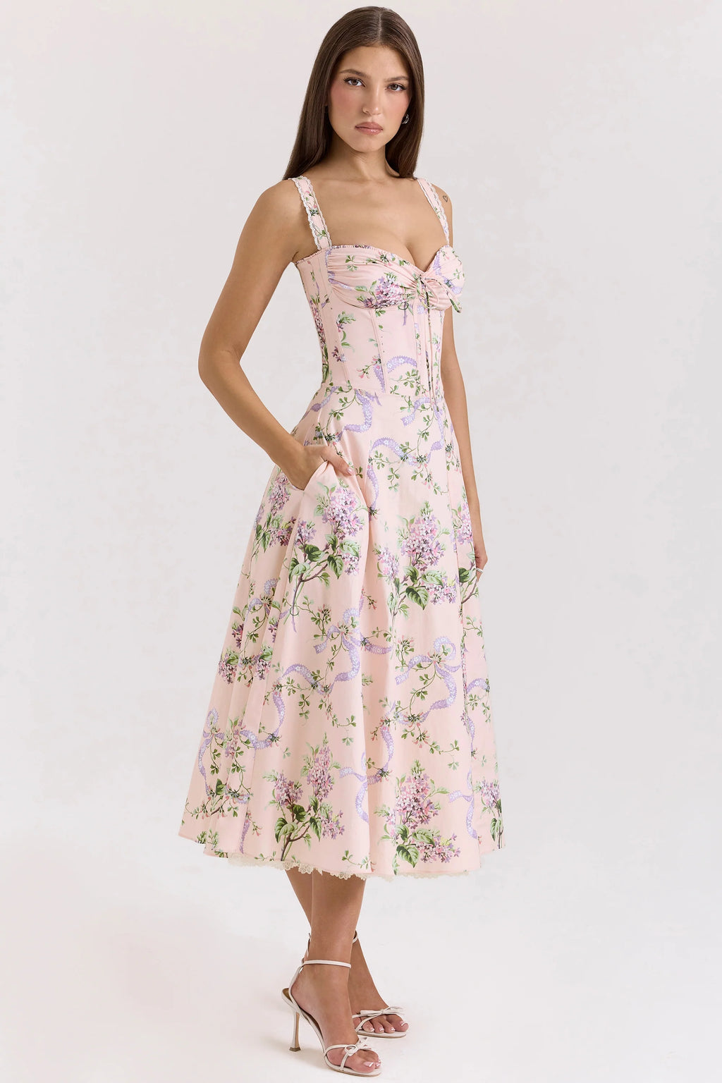 Pink Floral Corset Midi Dress