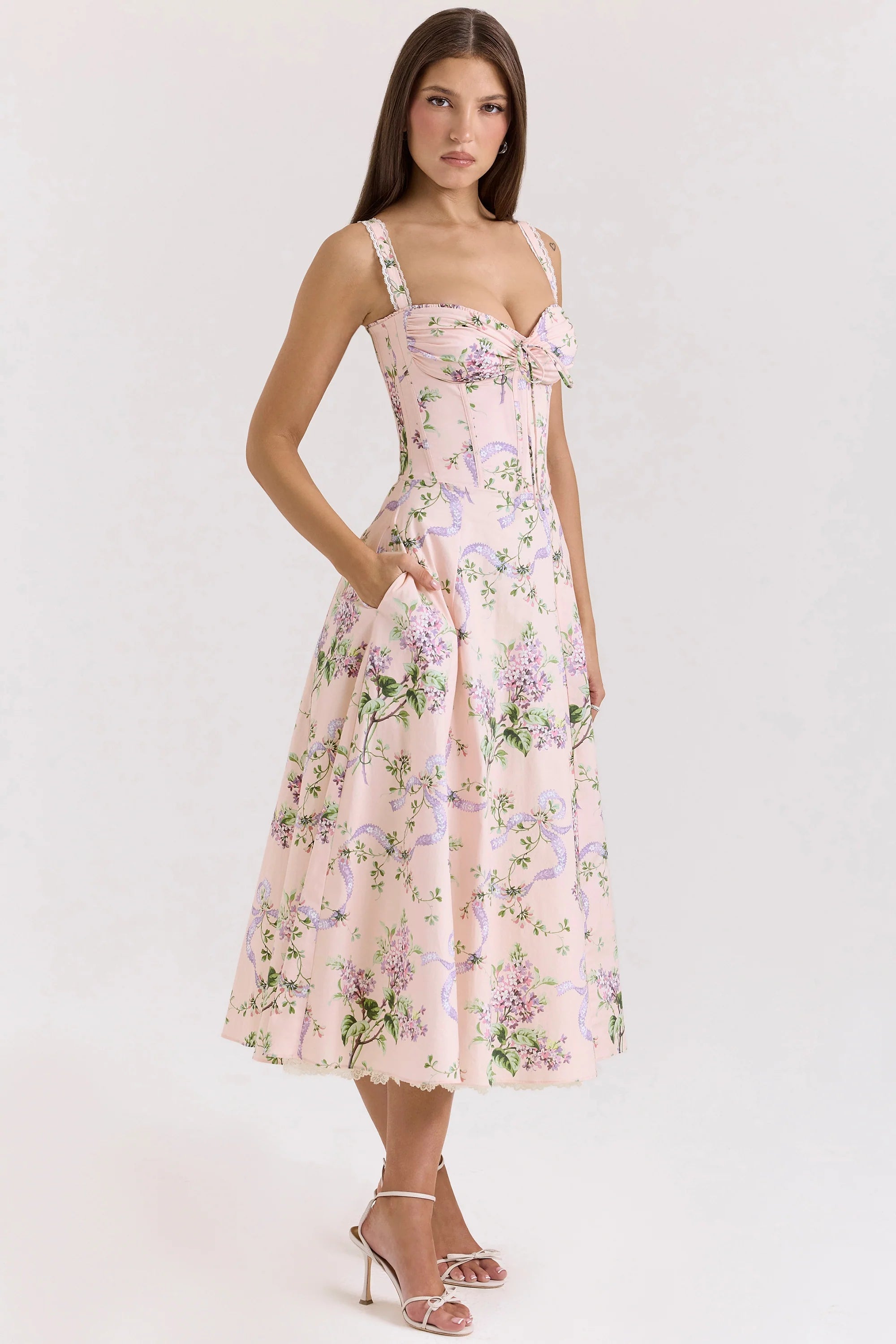 Pink Floral Corset Midi Dress
