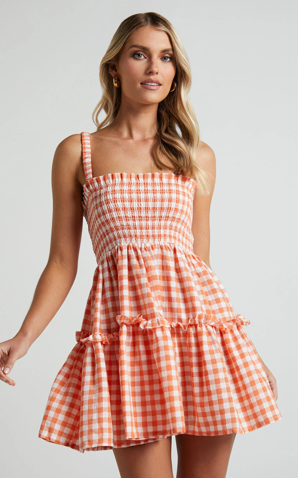 Wilda Mini Dress - Shirred Tiered Dress in Orange