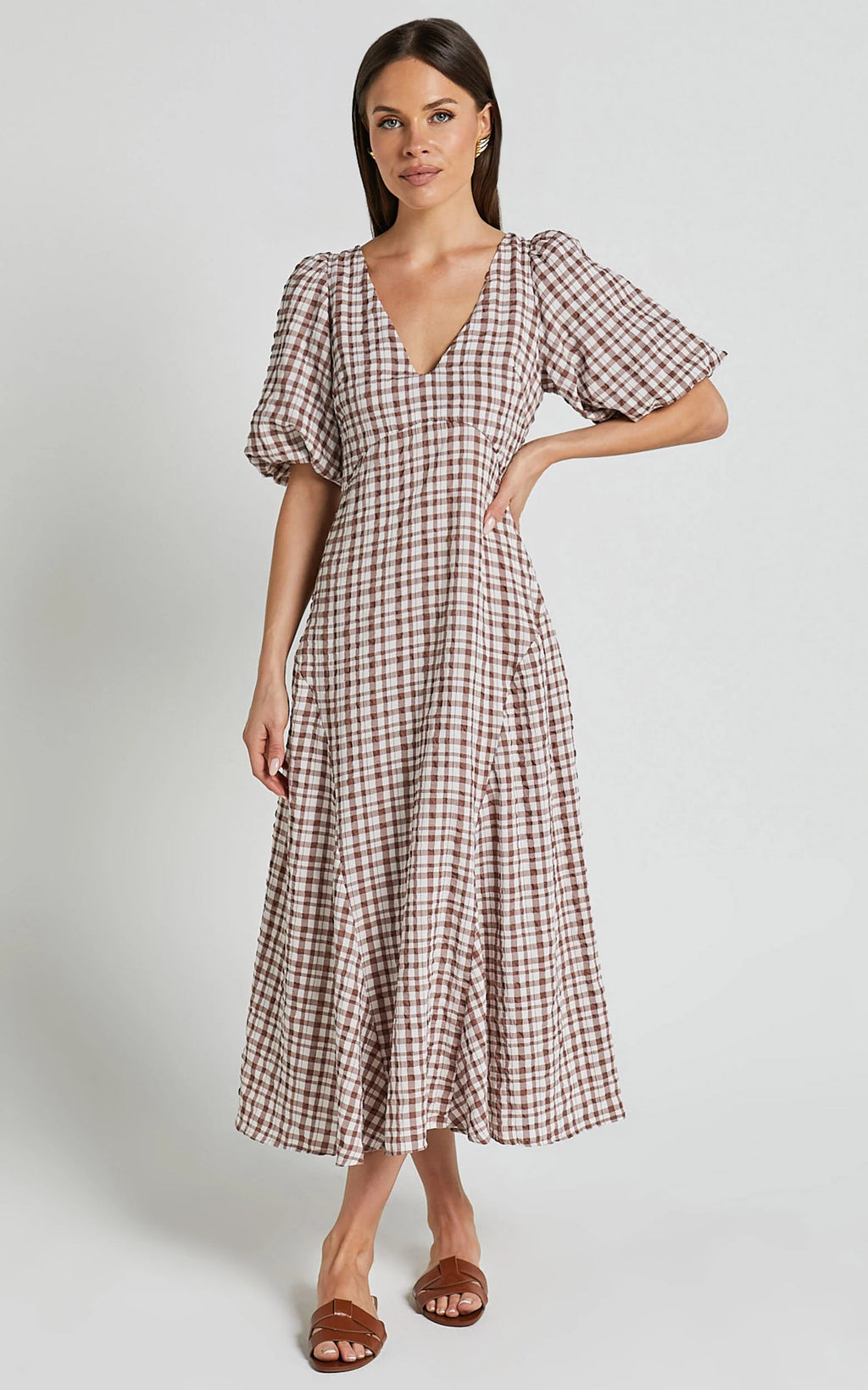 Jameela Midi Dress - V Neck Short Puff Sleeve Godet A Line Smock Dress in Chocolate Gingham