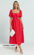 Quinn Midi Linen Dress - Puff Sleeve Square Neck Dress in Red