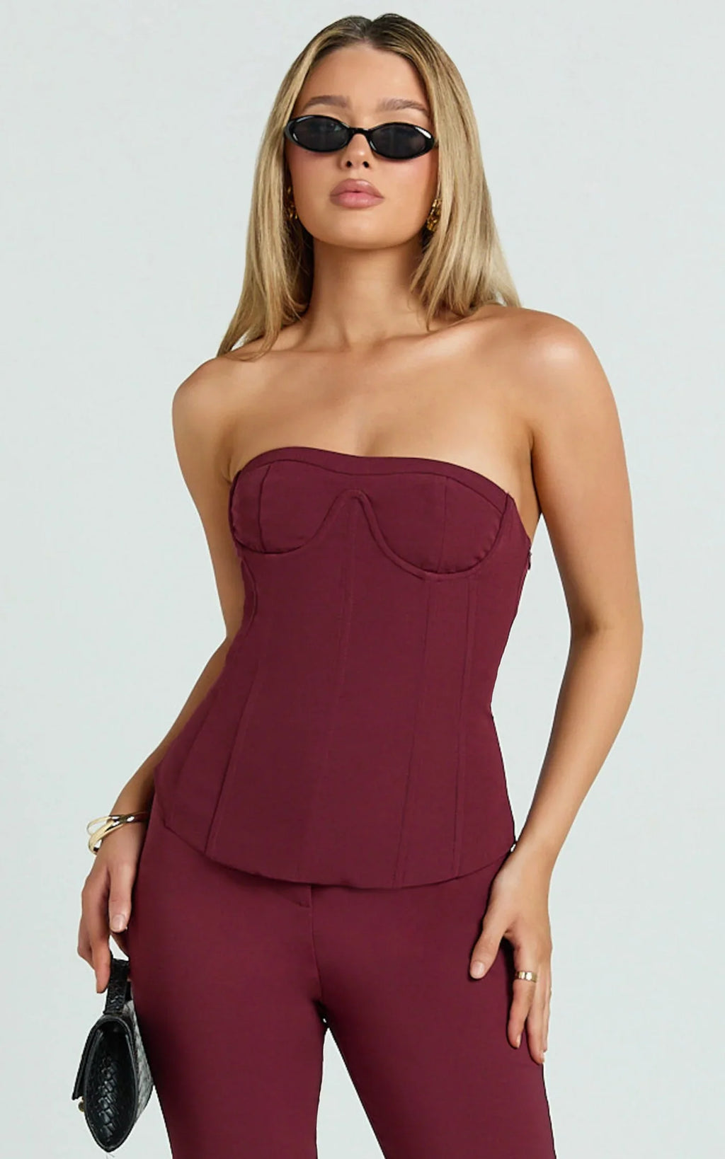 Irene Top - Strapless Sweetheart Lace Up Back Top in Wine