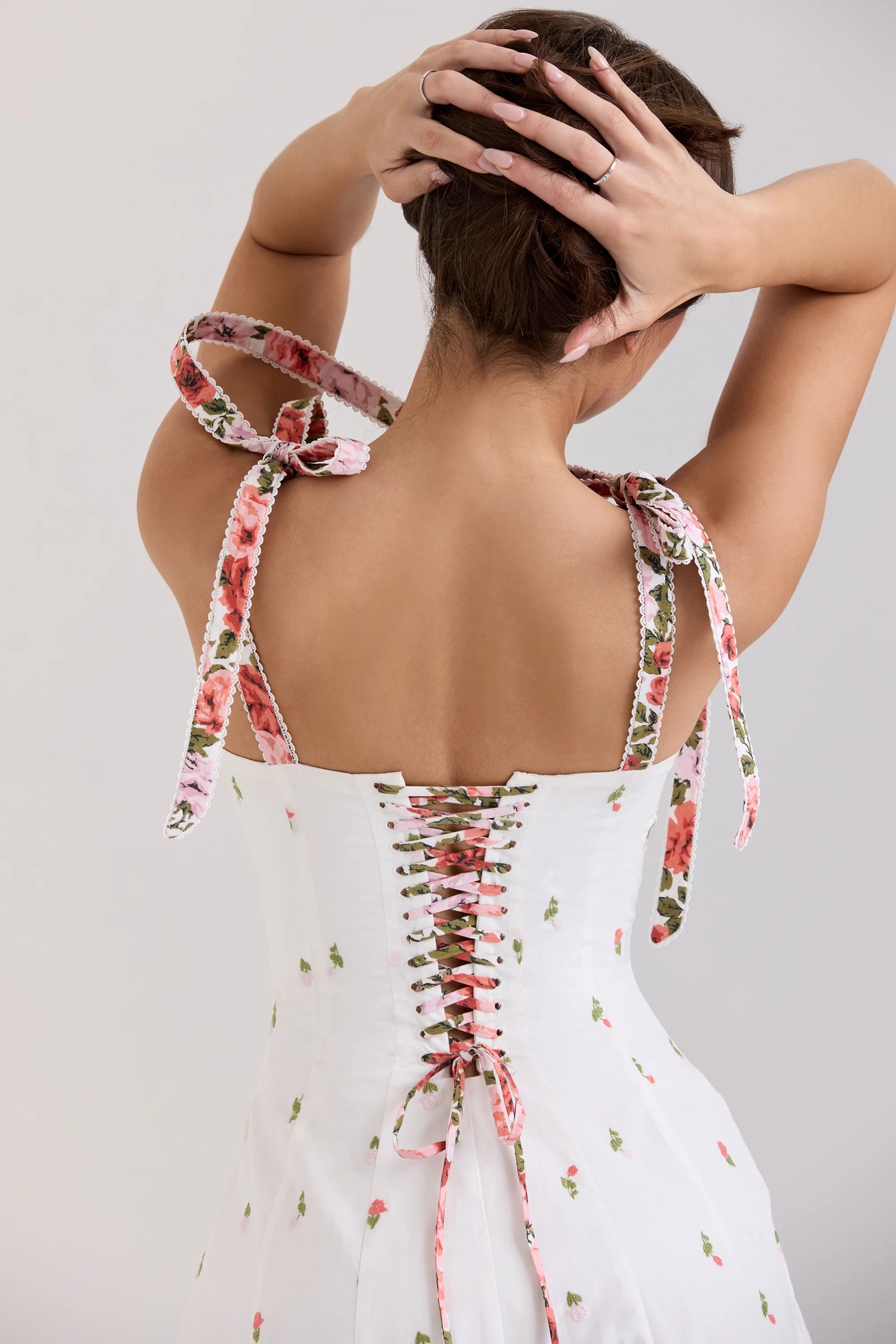 White Floral Print Stretch Cotton Midi Sundress