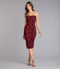 Velvet Bloom Flocked Floral Strapless Midi Dress