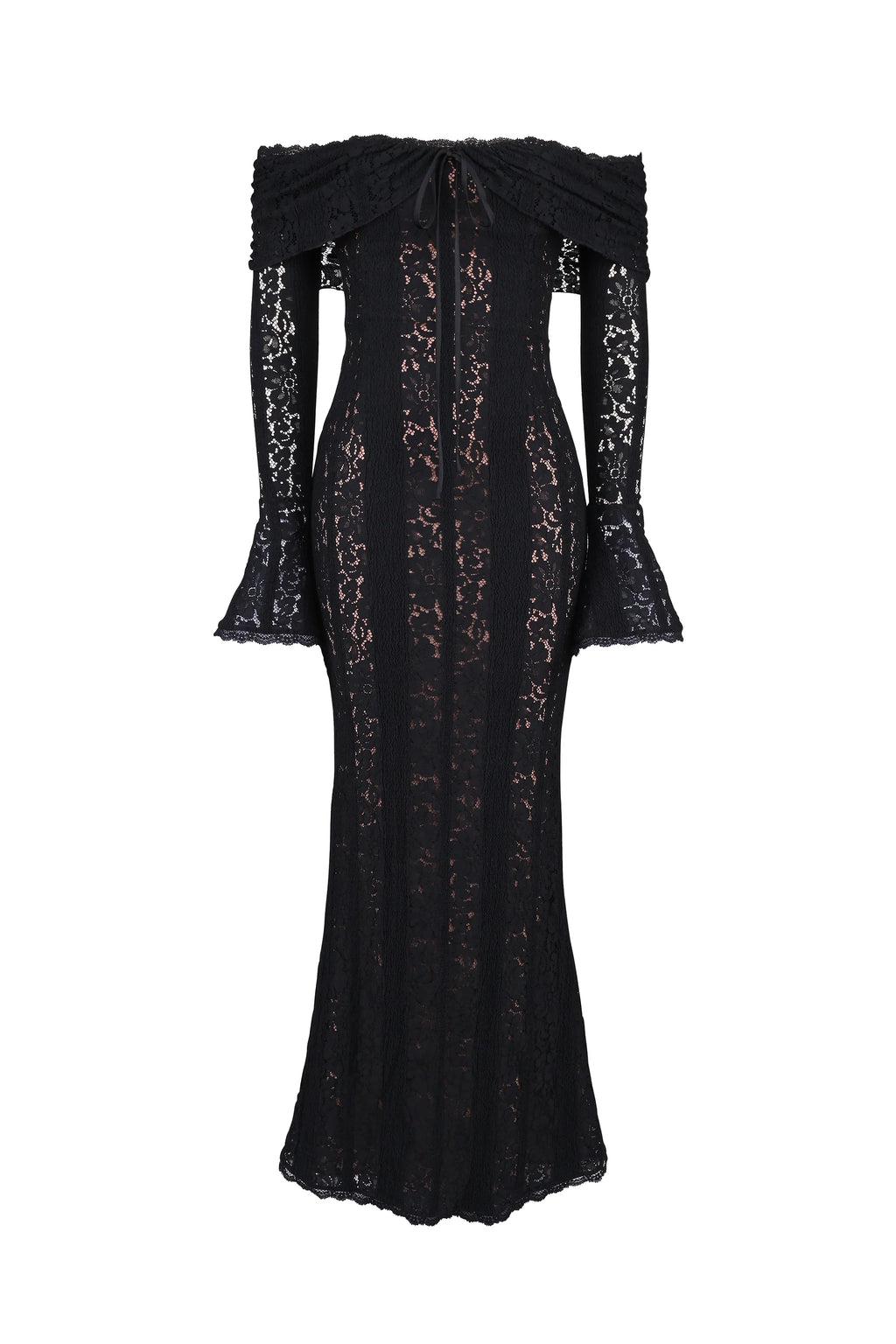 Black Off Shoulder Floral Lace Maxi Dress