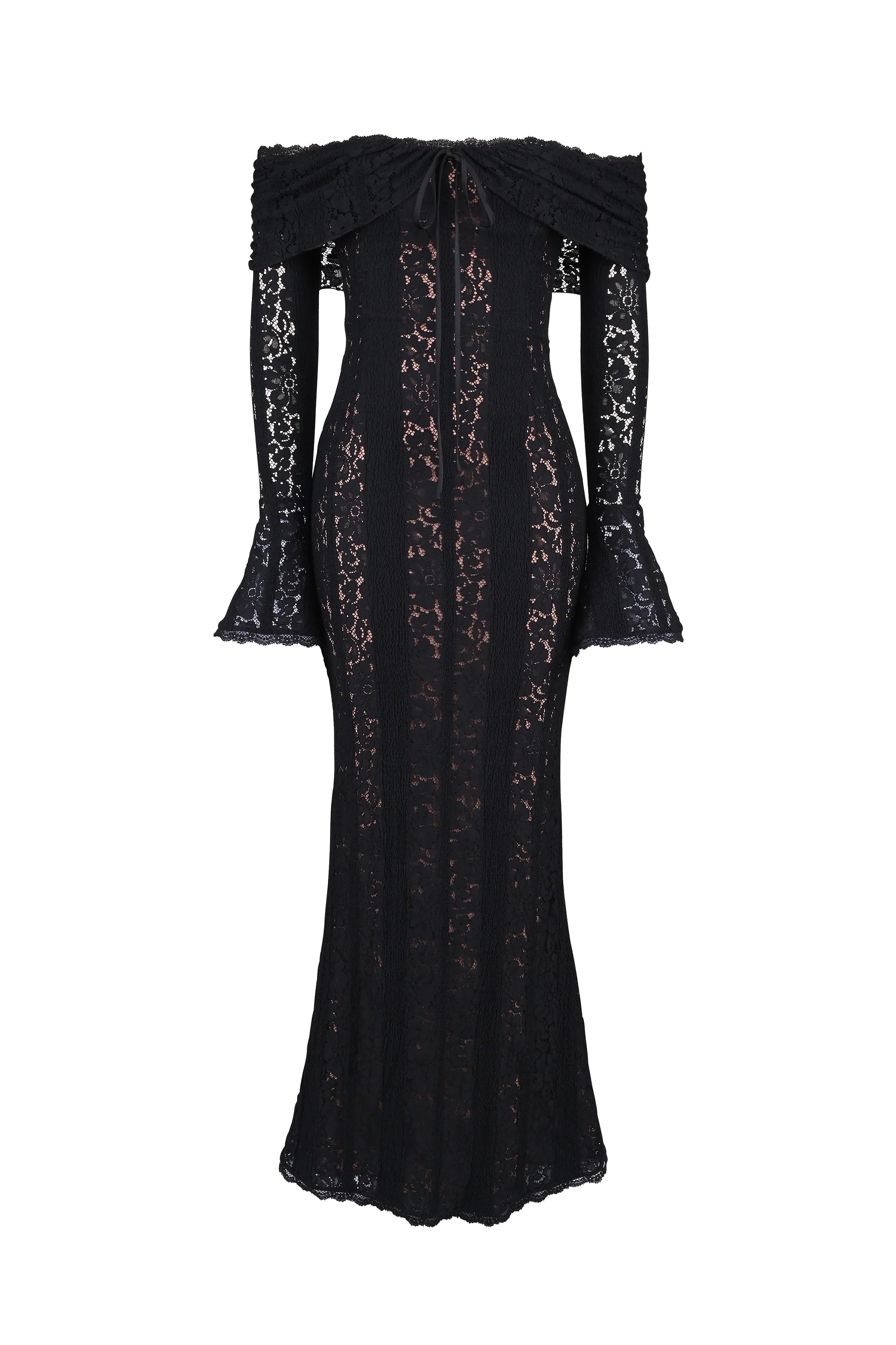 Black Off Shoulder Floral Lace Maxi Dress