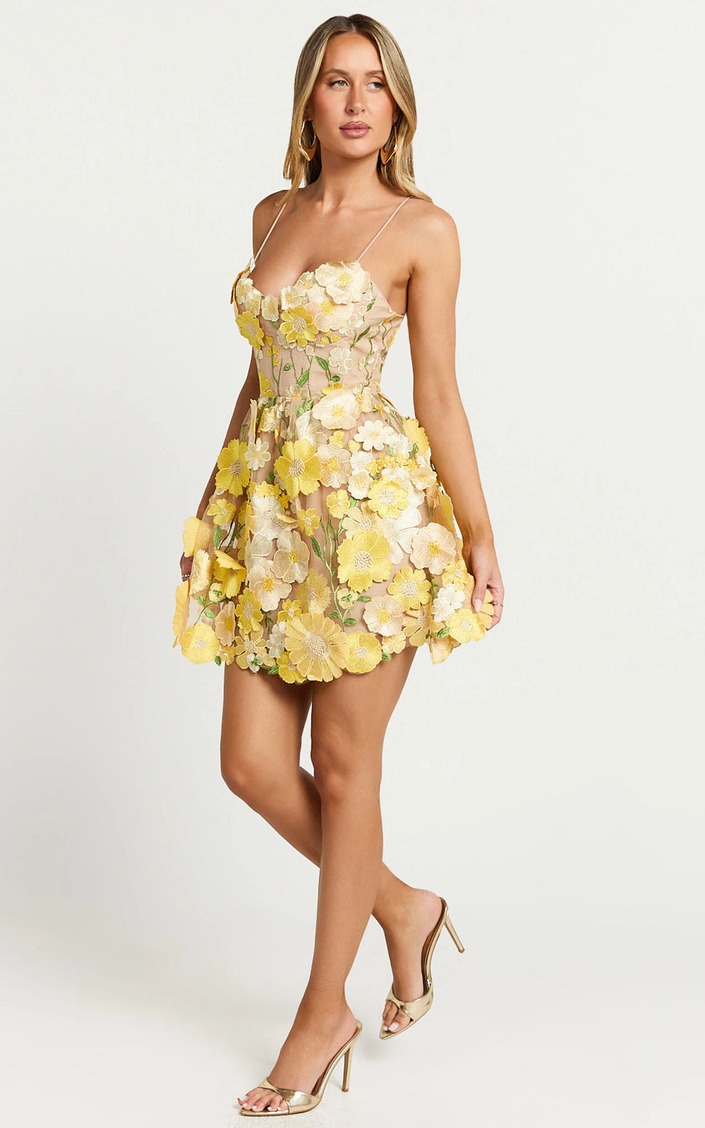 Amalie The Label - Mia Strappy Flower Detail Mini Dress in Yellow