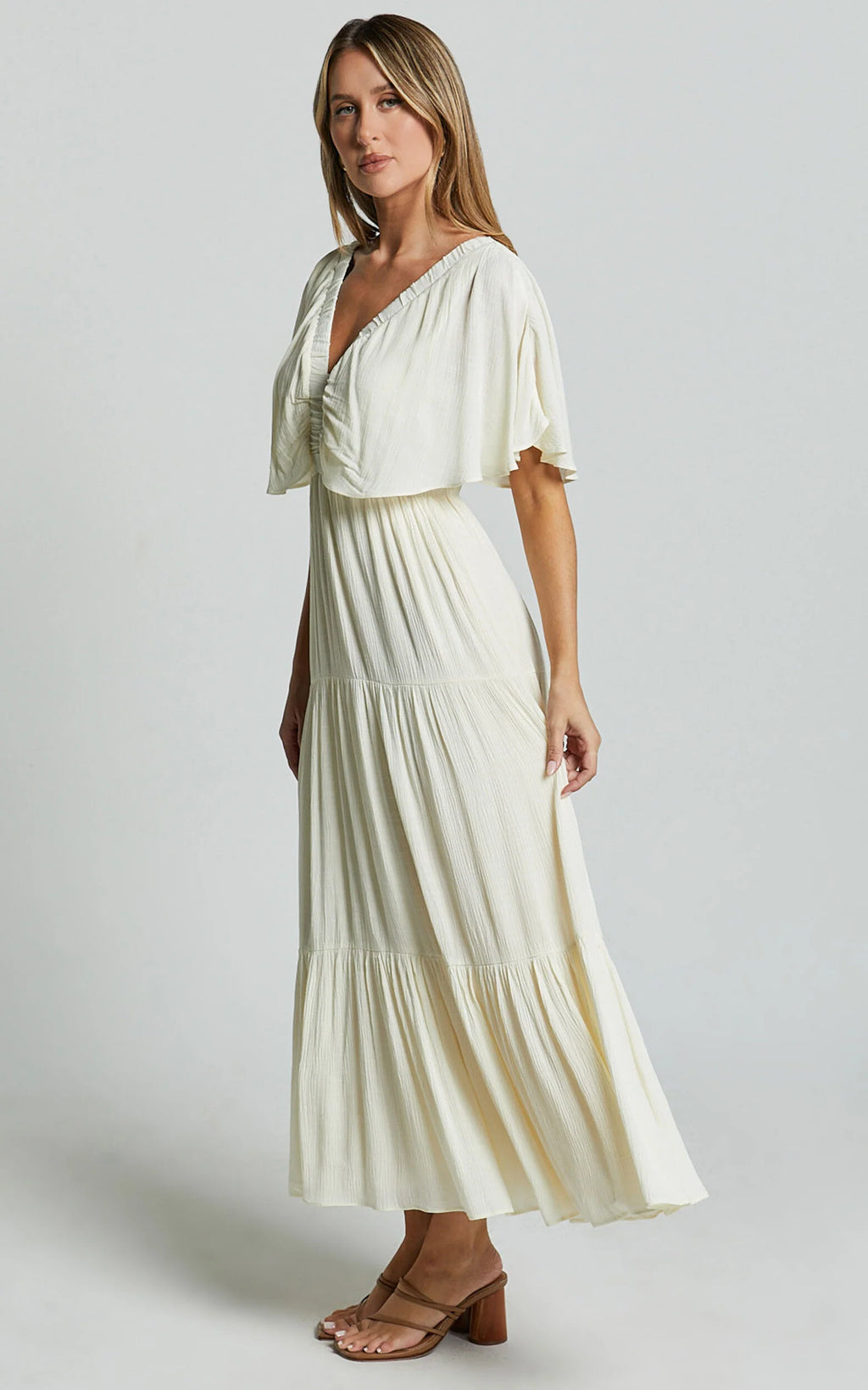 Danny Midi Dress - Ruffle Sleeve Tiered Dress in Natural
