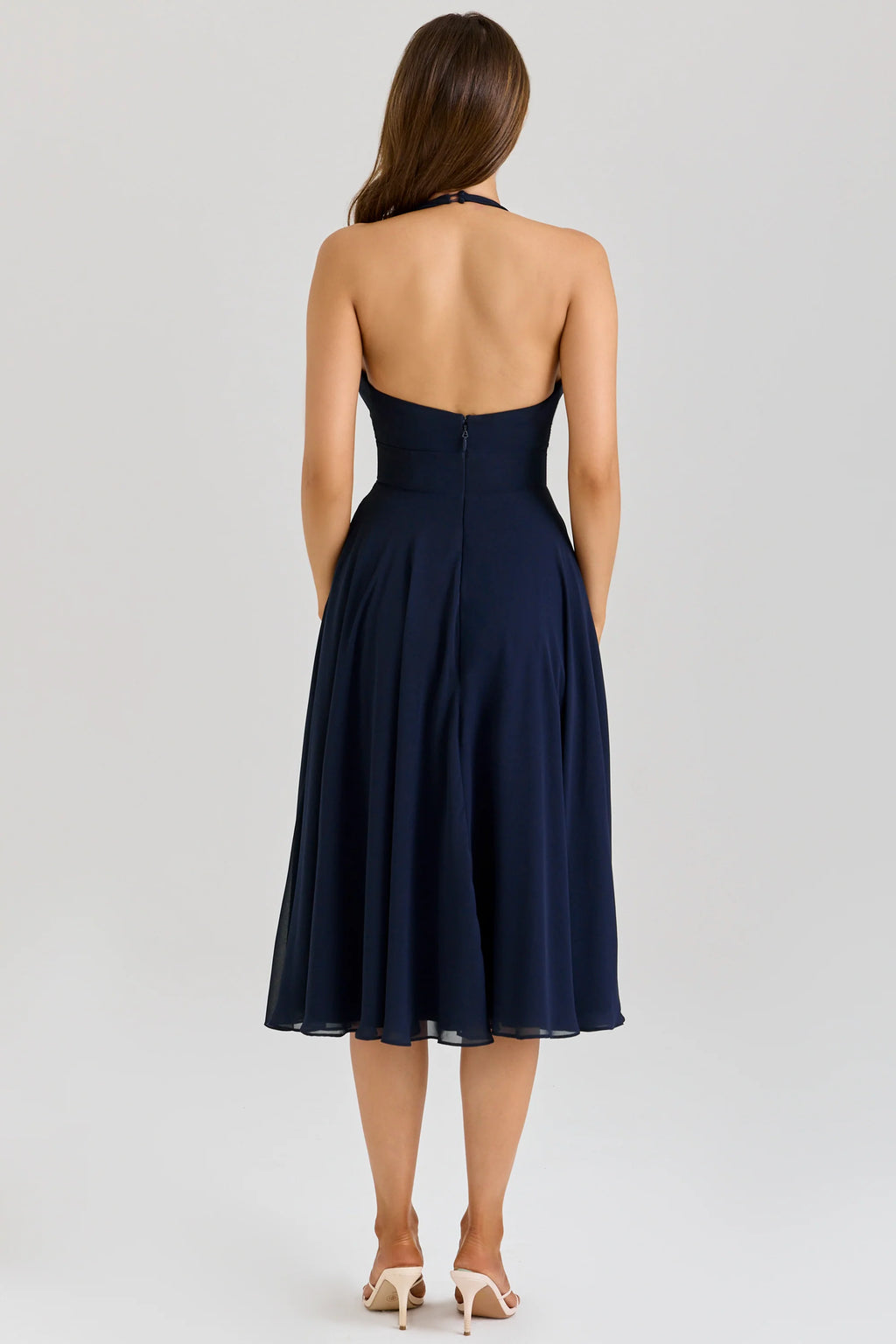 Solada Navy Georgette Halter Midi Dress