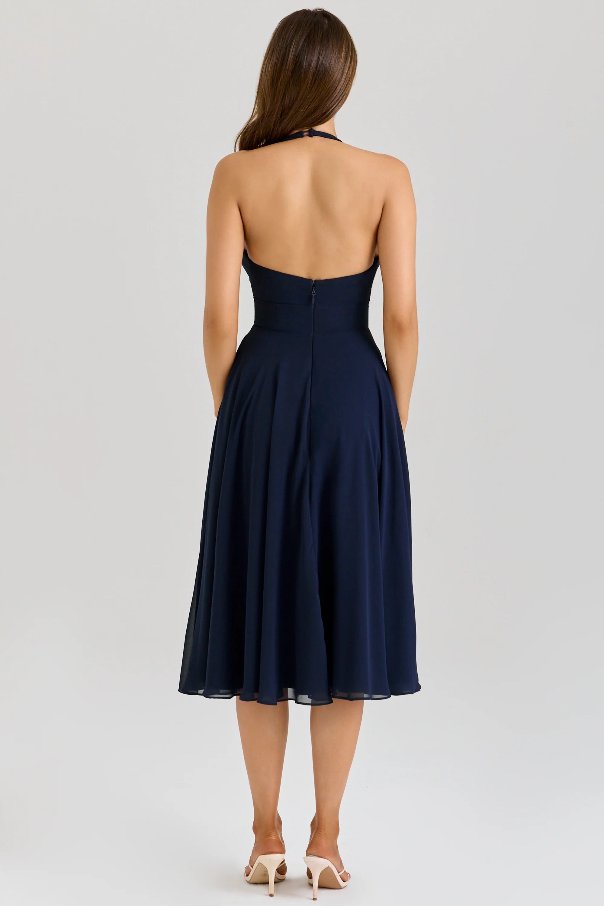 Solada Navy Georgette Halter Midi Dress