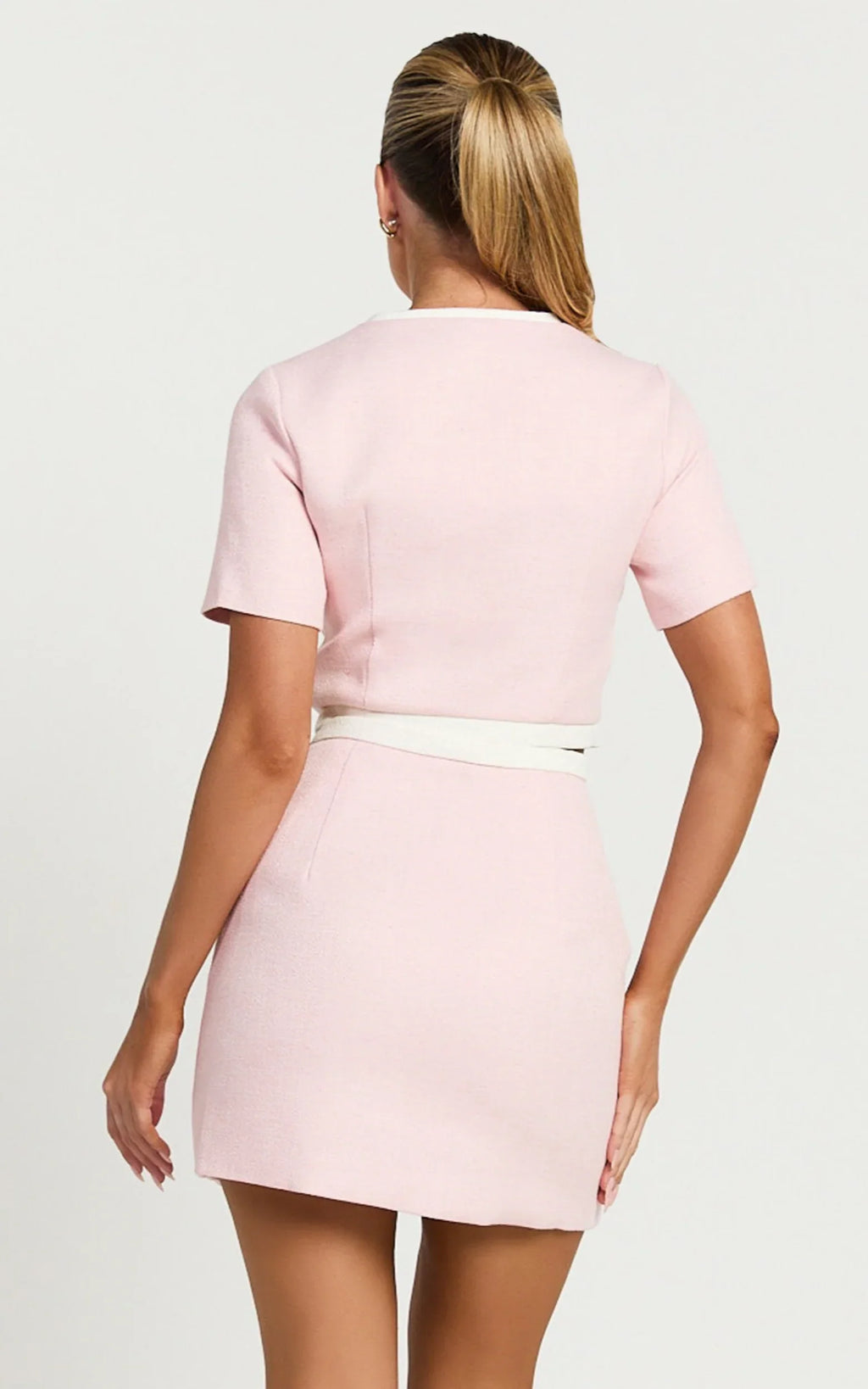 Rosa Two Piece Set - Tailored Boucle Hardware Detail Button Down Top and Skirt Set in Light Pink