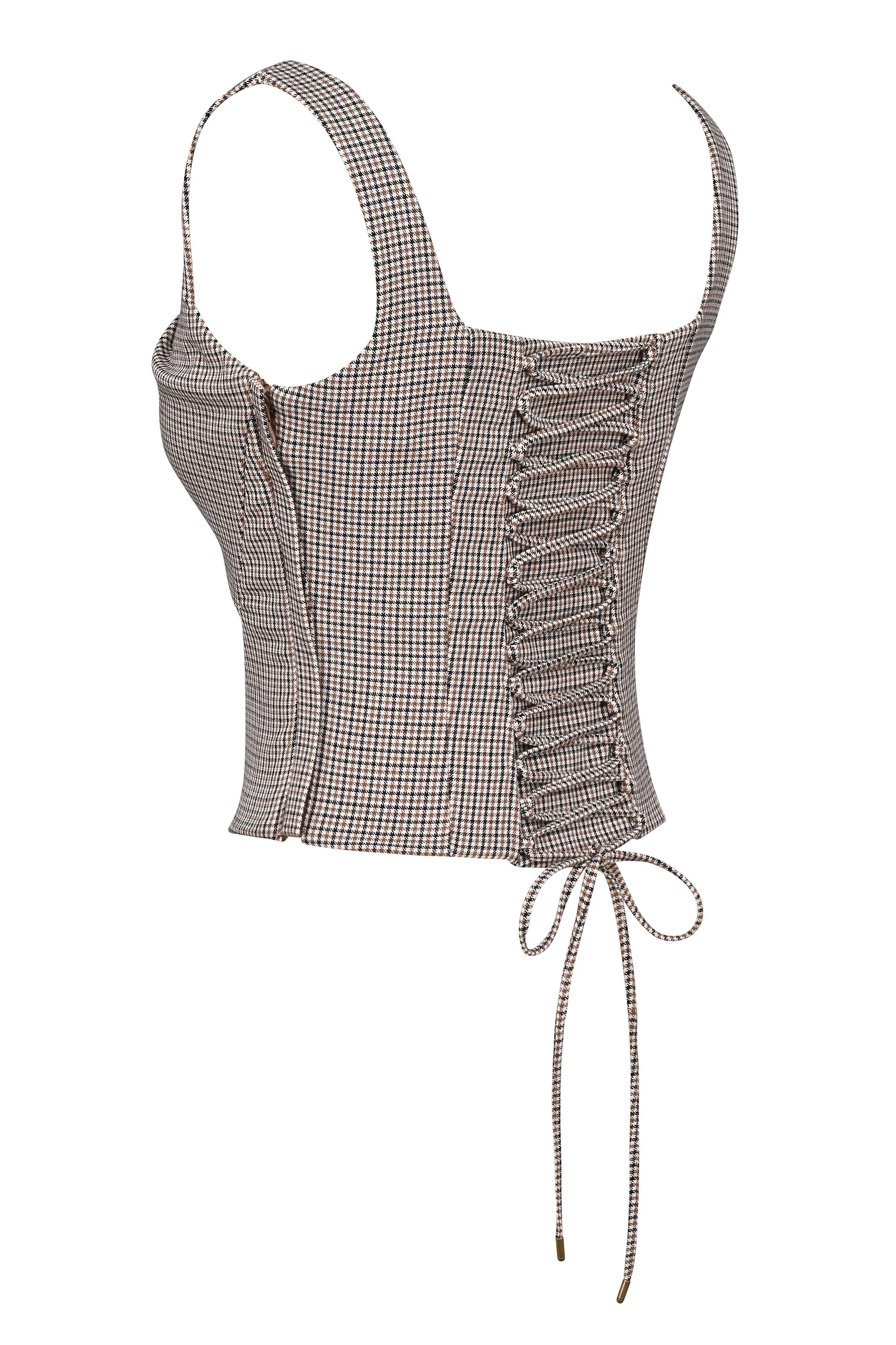 Brown Puppytooth Boned Corset Top