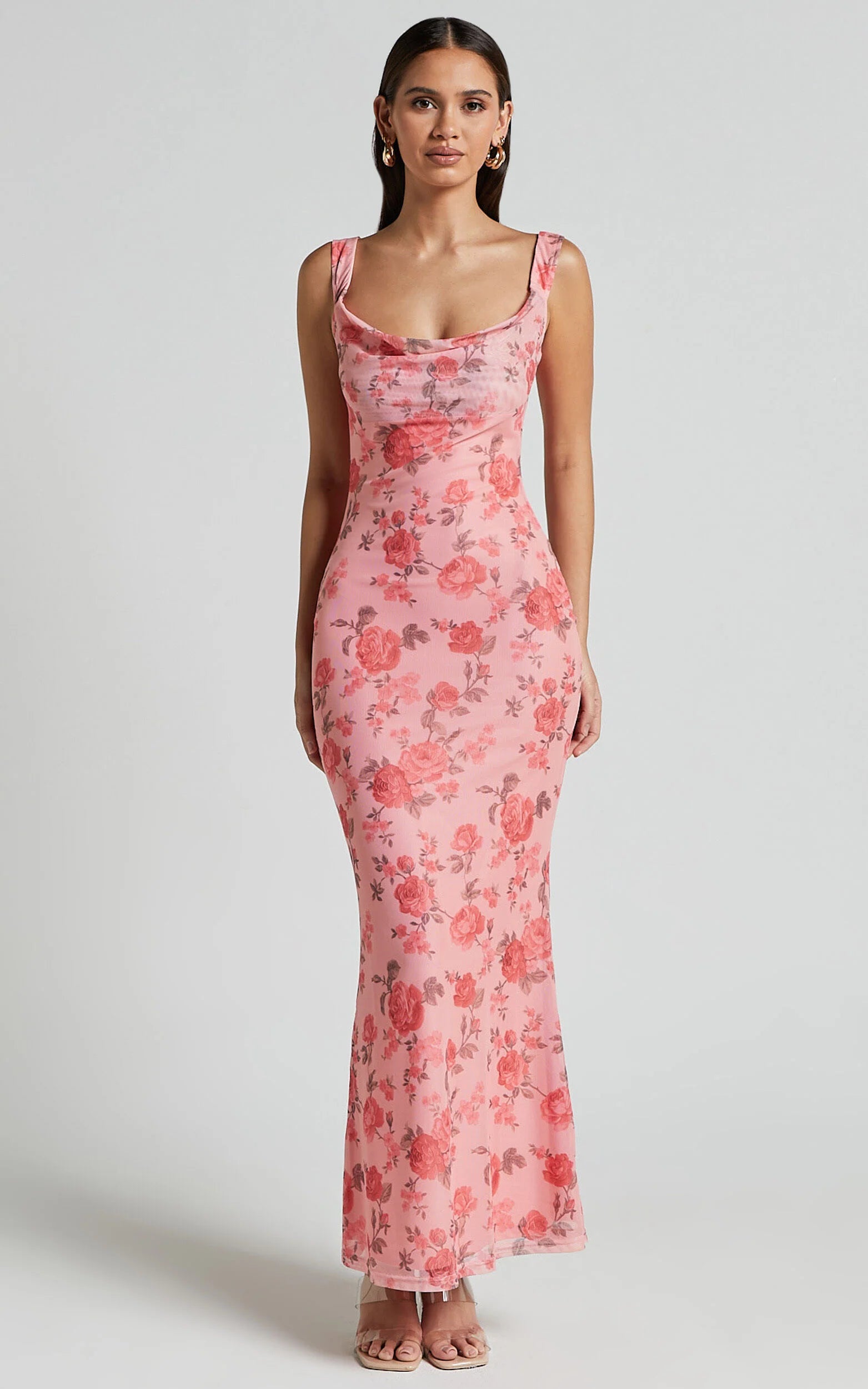 Nadine Maxi Dress - Cowl Neck Low Back Mesh Slip Dress in Pink Floral