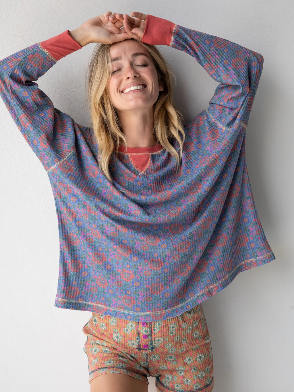 Mix & Match Waffle Pajama Top - Washed Navy Zinnias