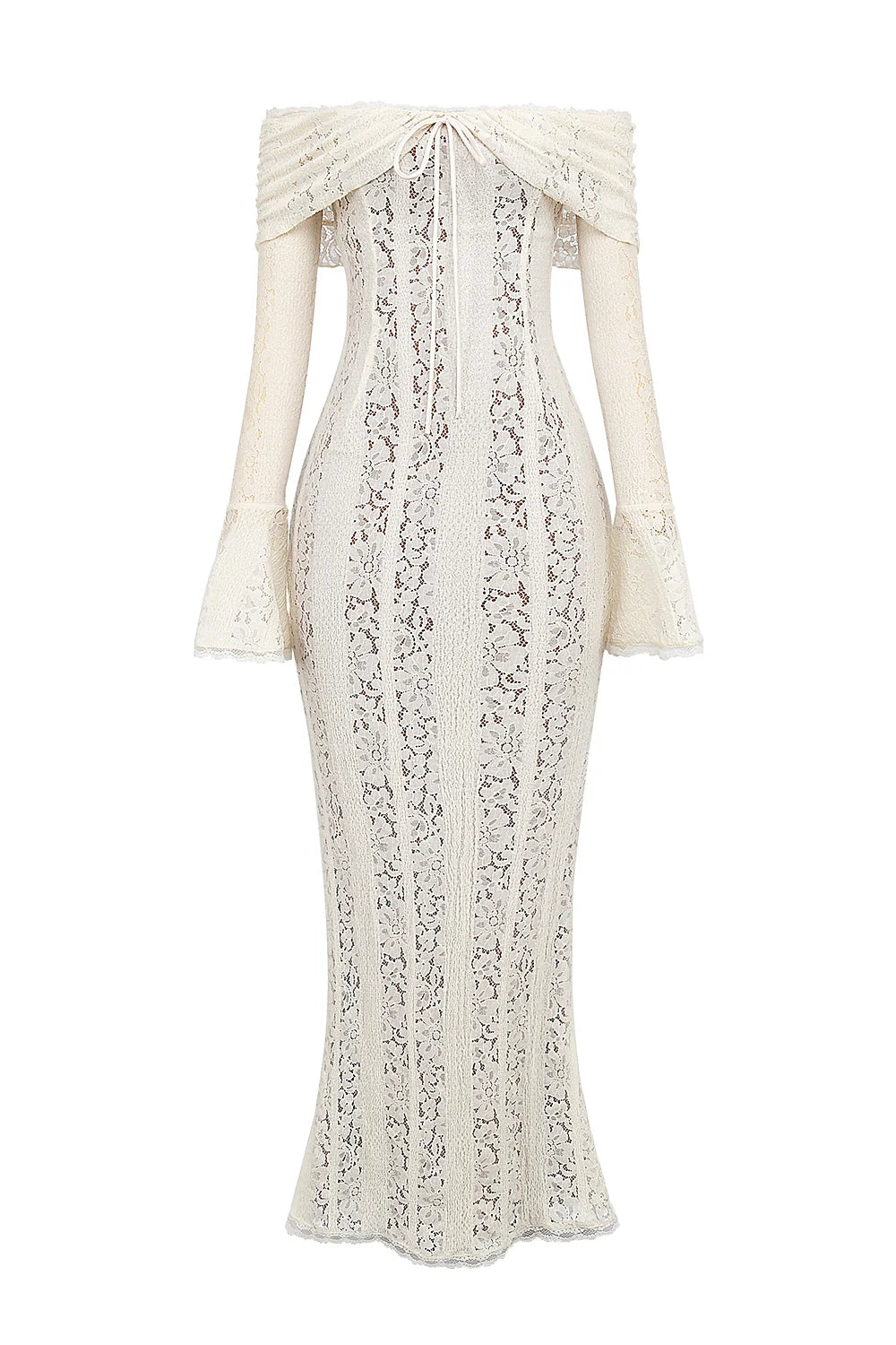 Vintage Cream Floral Lace Off Shoulder Maxi Dress