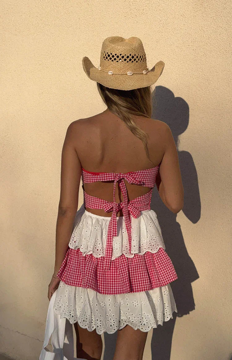 Rosealie Red And White Strapless Mini Dress