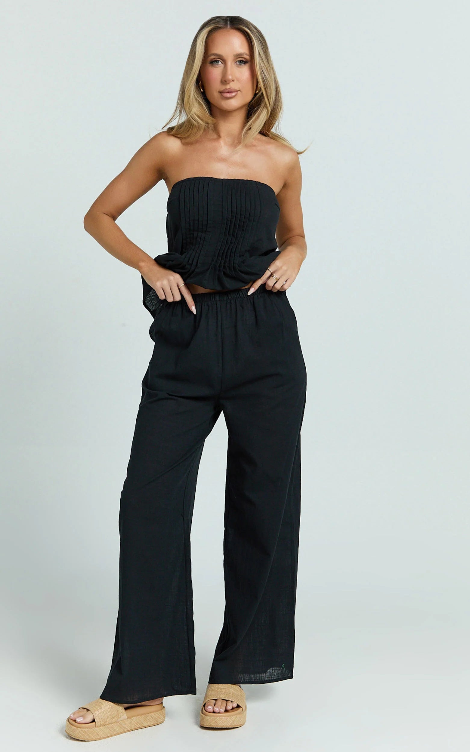 Carli Two Piece Top and Pants Set - Cotton Tube Pant Set in Black