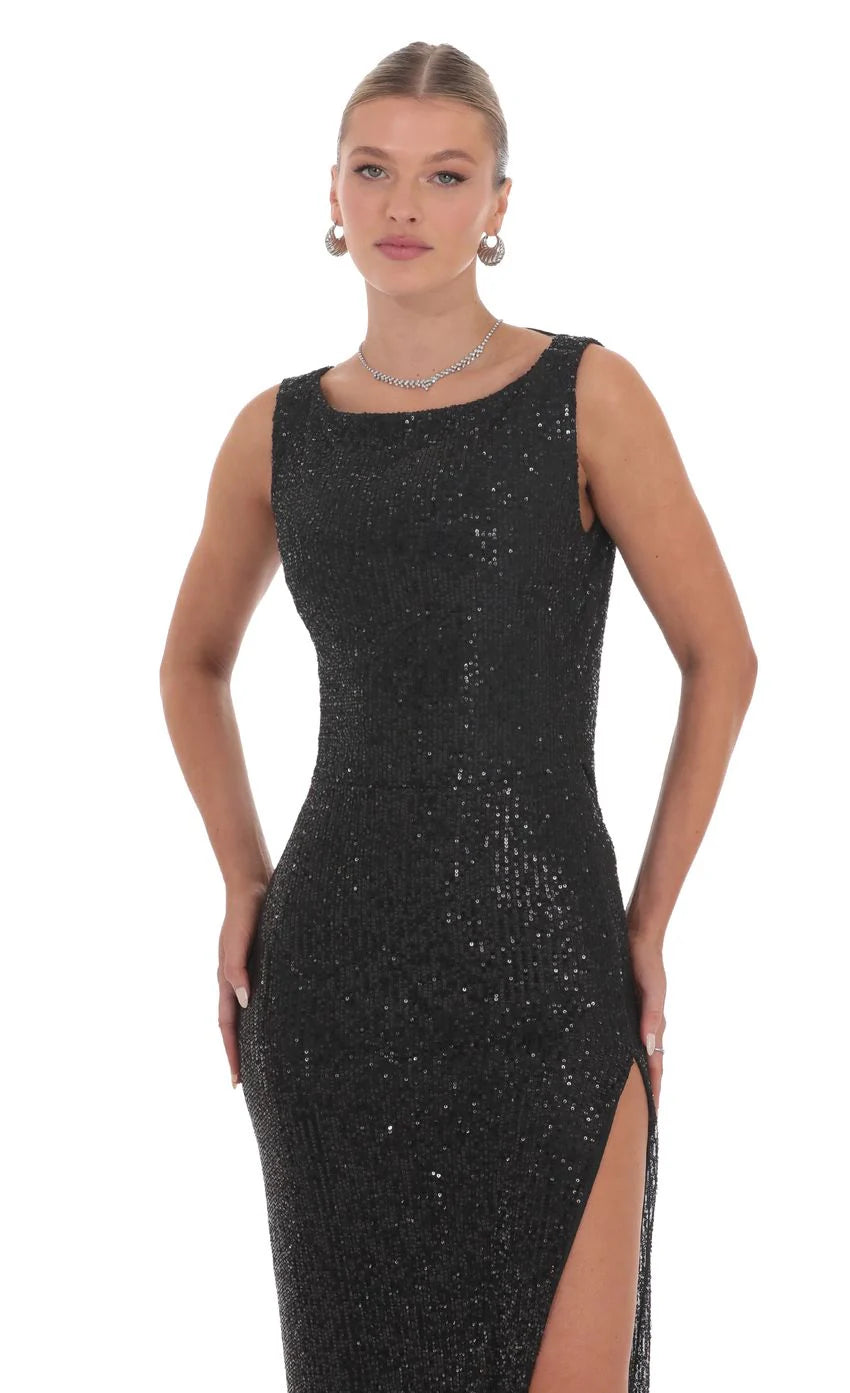 Sequin High Neck Open Back Maxi Dress in Black