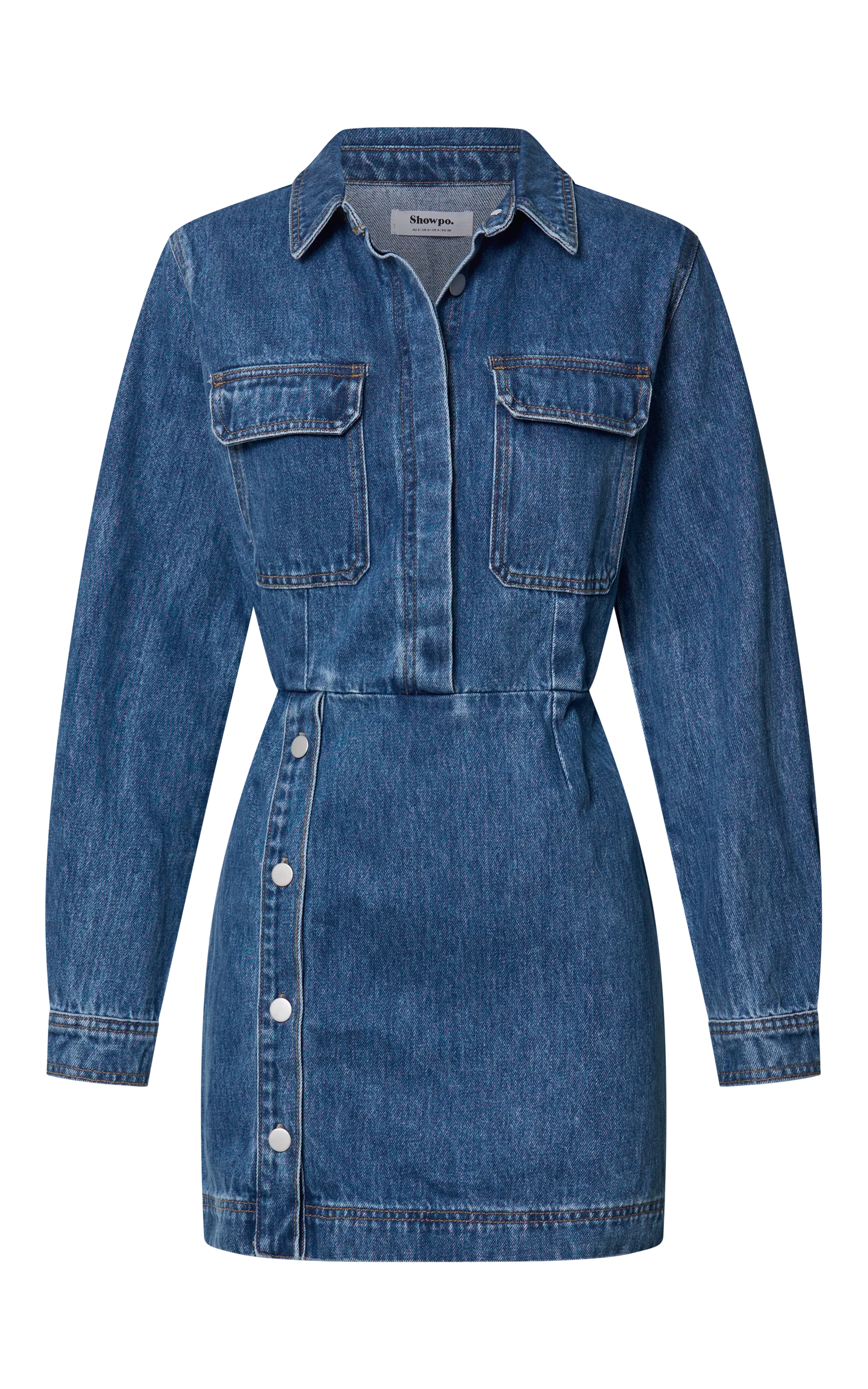 Ainsley Mini Dress - Button Through Long Sleeve Denim Dress in Mid Blue Wash
