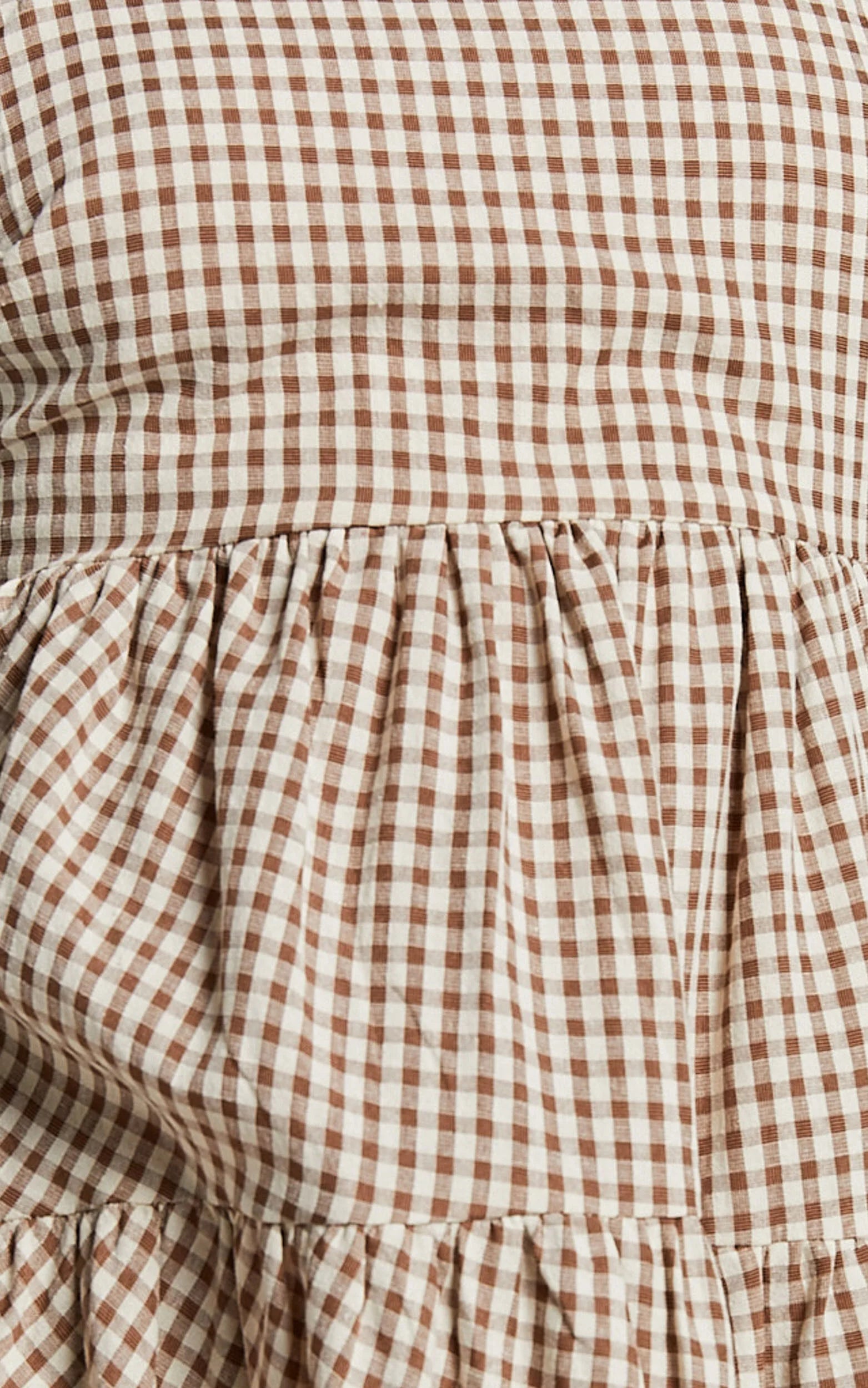 Lorelle Mini Dress - Straight Neck Tiered Dress in Brown Check Gingham