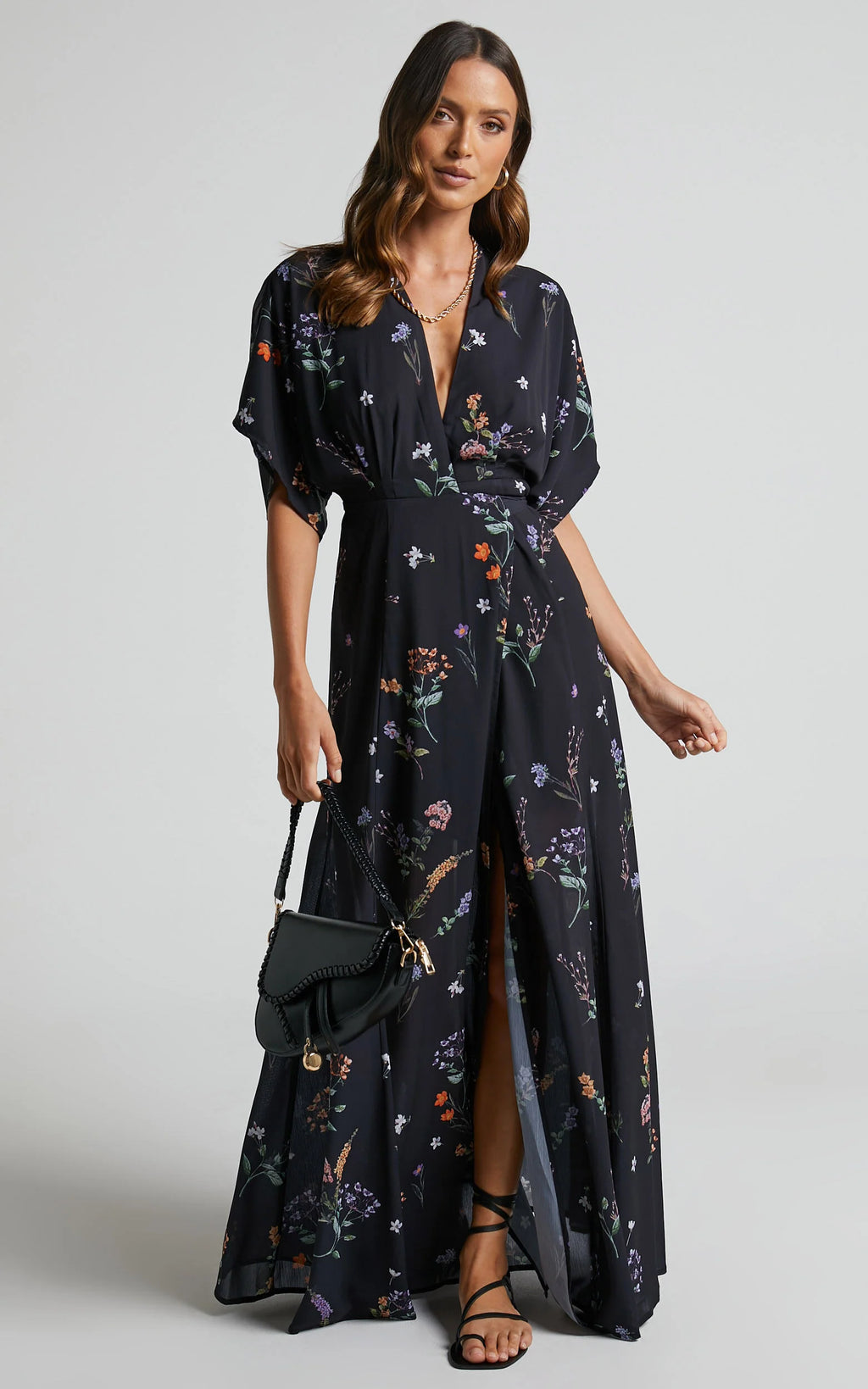 Erenza Maxi Dress - Extended Sleeve Wrap Dress in Black Flower Field