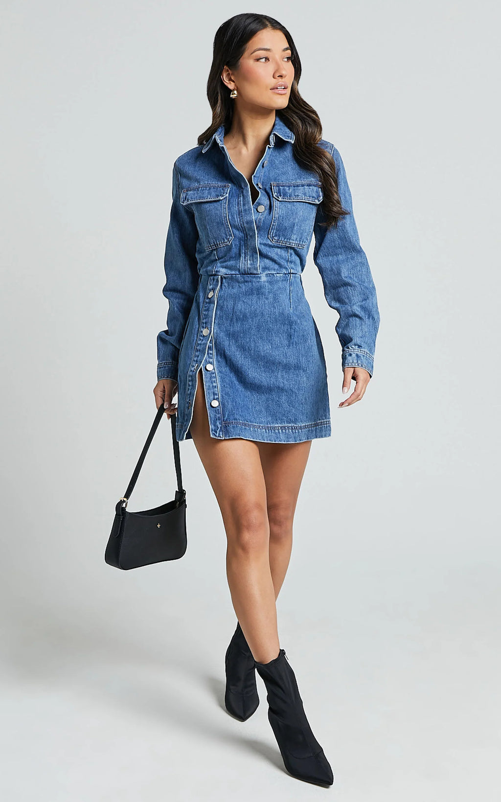 Ainsley Mini Dress - Button Through Long Sleeve Denim Dress in Mid Blue Wash