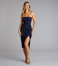 Velvet Vision Flocked Floral Strapless Midi Dress