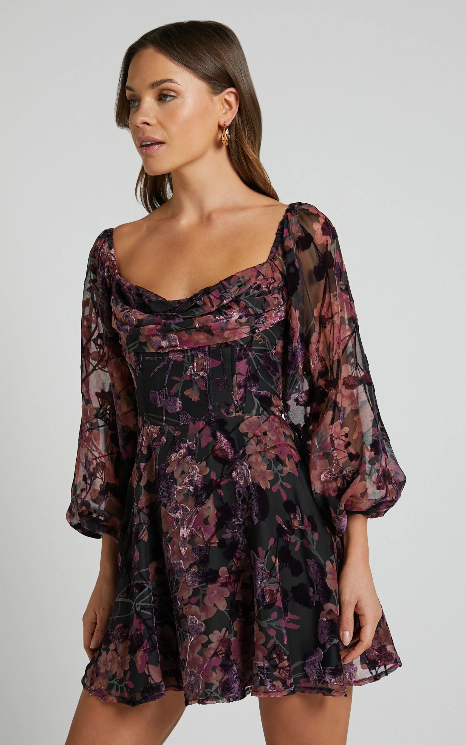 Jessell Mini Dress - Long Sleeve Cowl Corset Dress in Burnt Out Floral