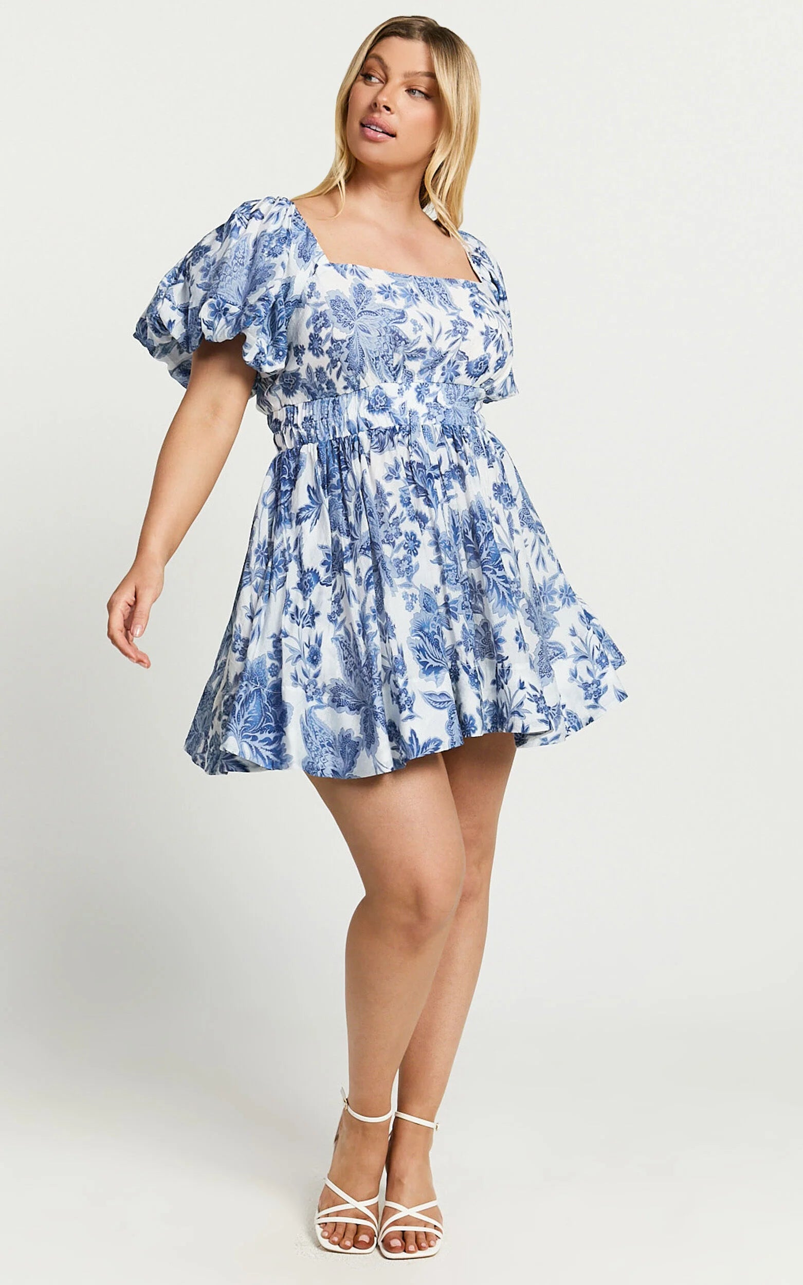 Mira Mini Dress - Square Neck Balloon Sleeve Dress in Blue Floral