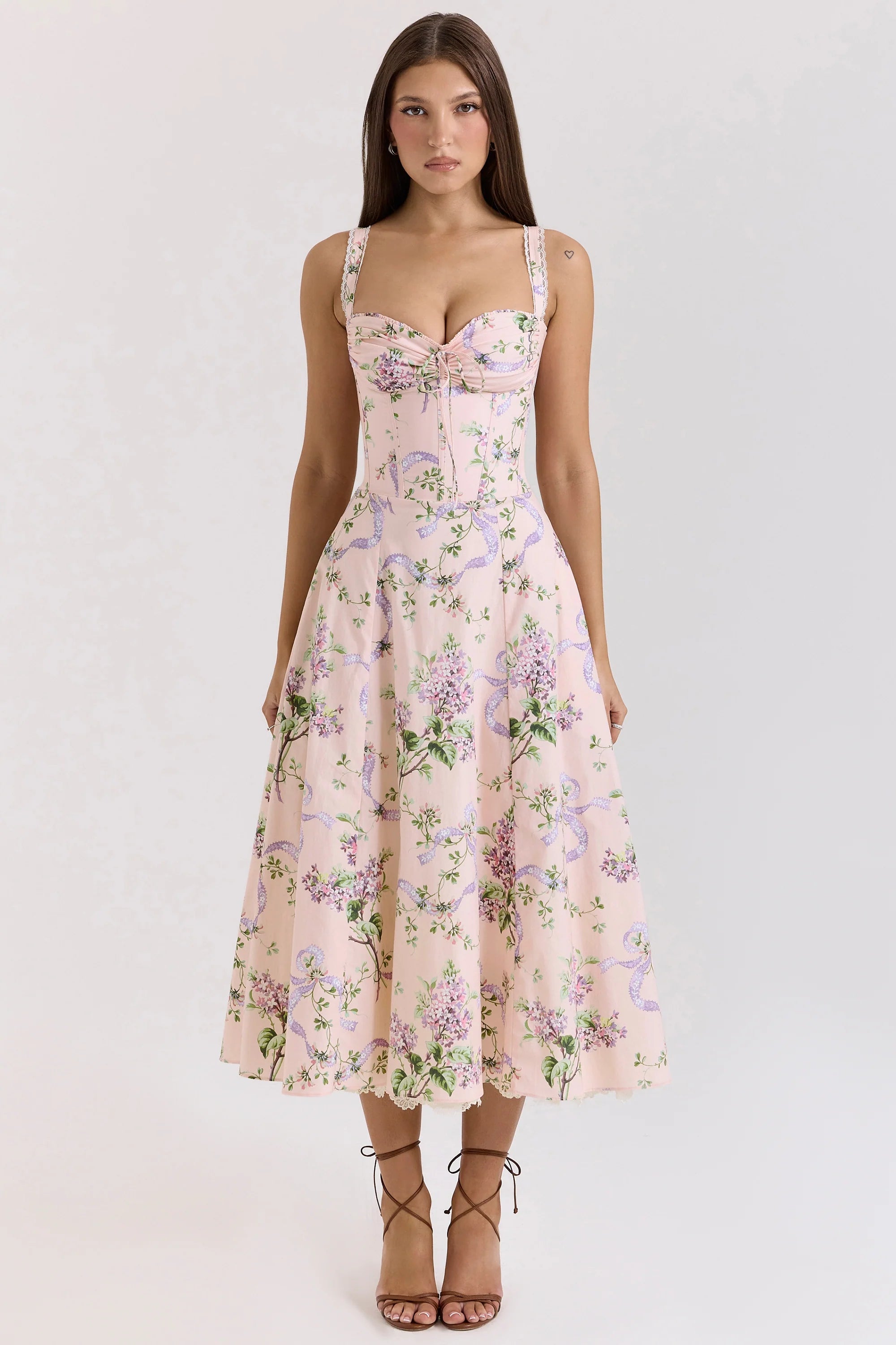 Pink Floral Corset Midi Dress
