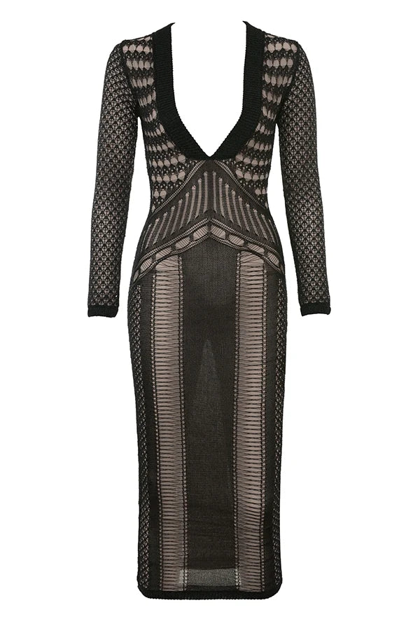 Black Plunge Open Knit Midi Dress