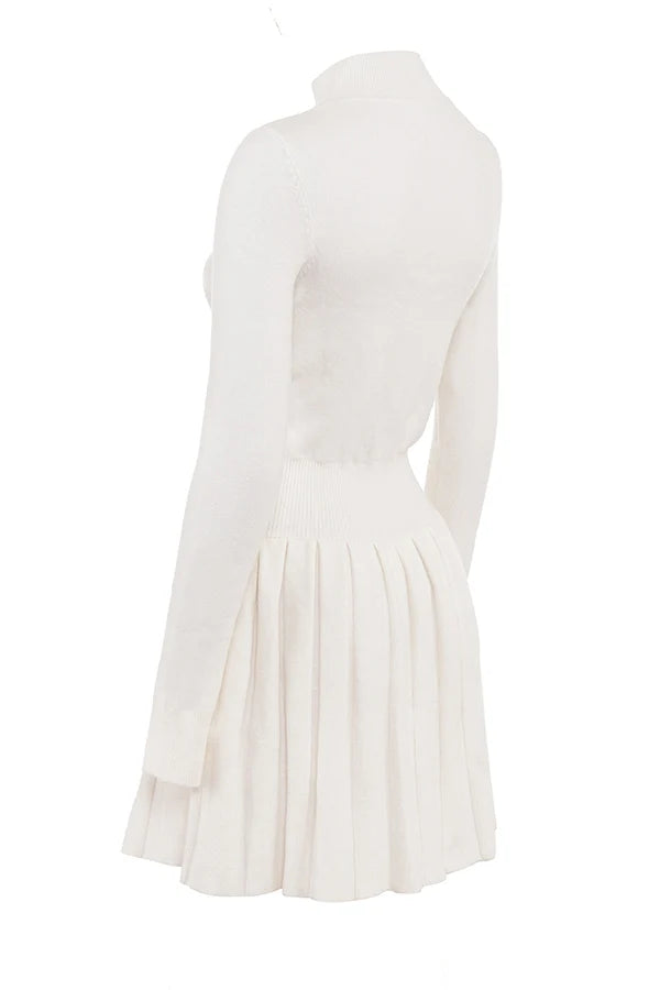 White Cashmere Blend Pleated Skated Mini Dress
