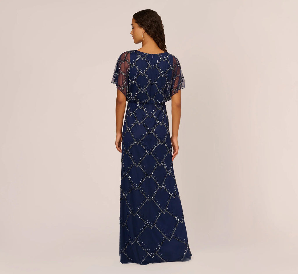 Hand-Beaded Blouson Long Gown With Flutter Sleeves In Light Navy