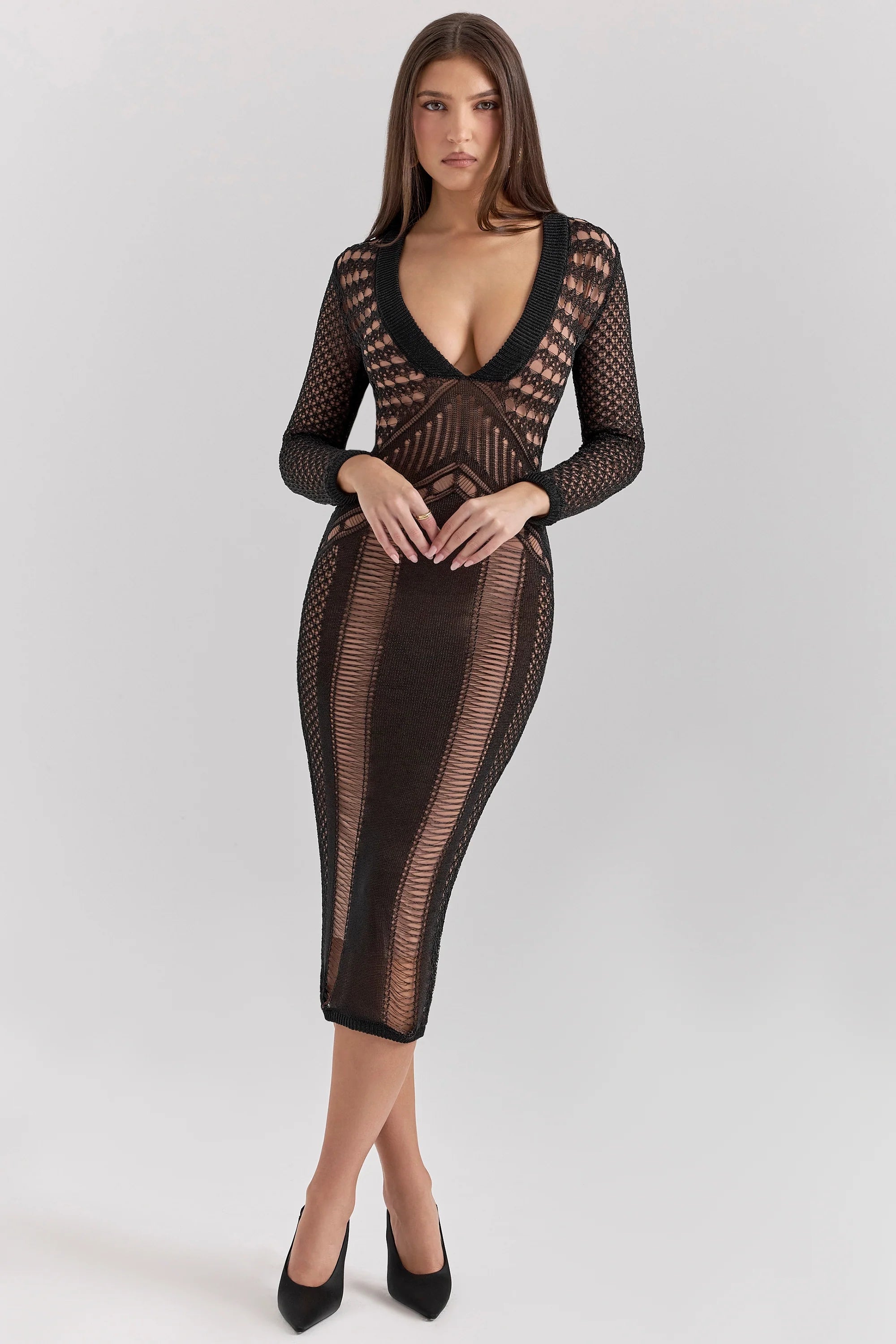 Black Plunge Open Knit Midi Dress
