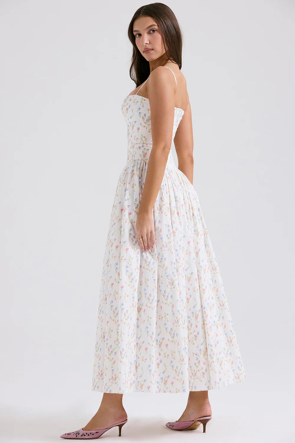 White Posy Print Cotton Maxi Sundress